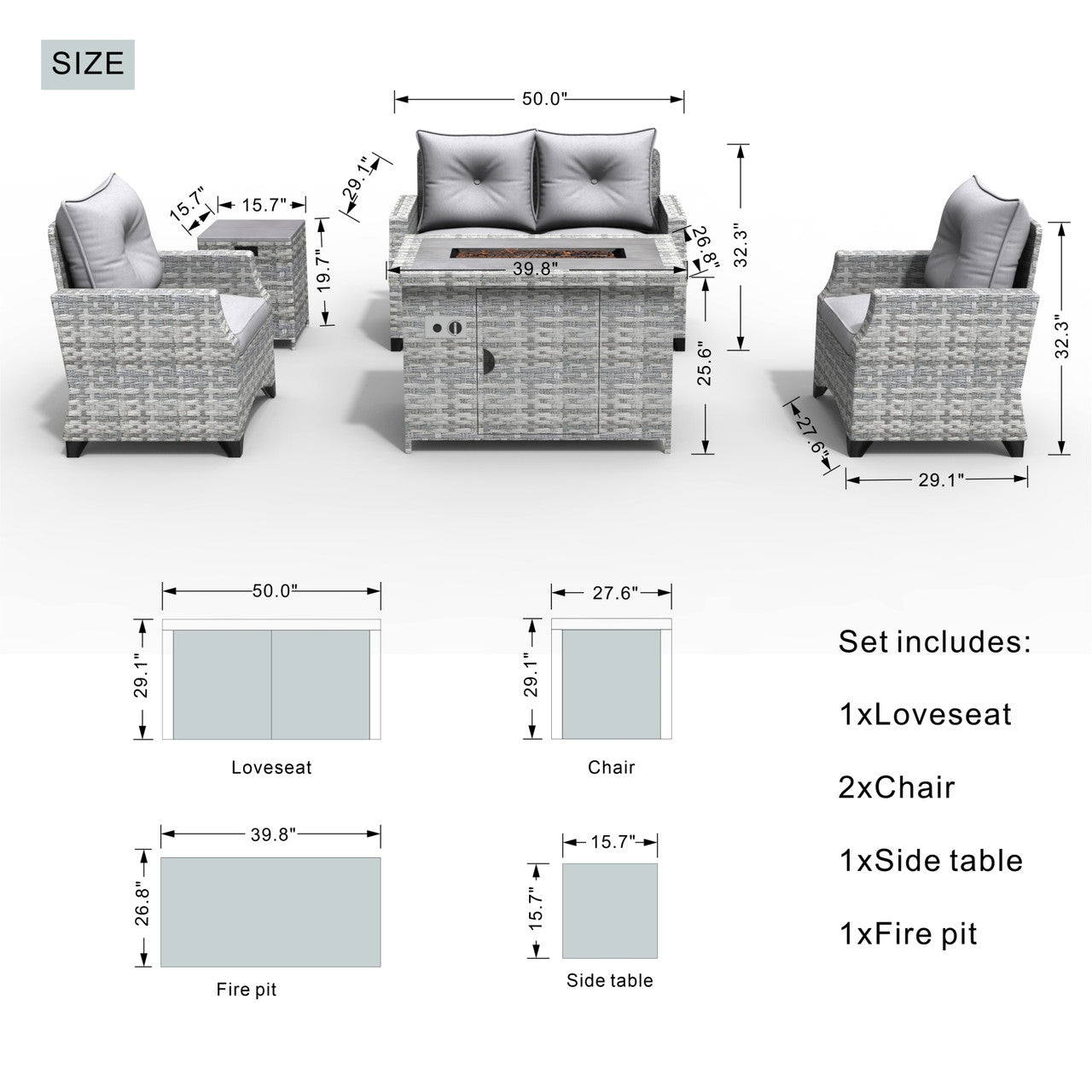 Size of 4 Seats Gray Patio Sofa Set with High Fire Pit Table 