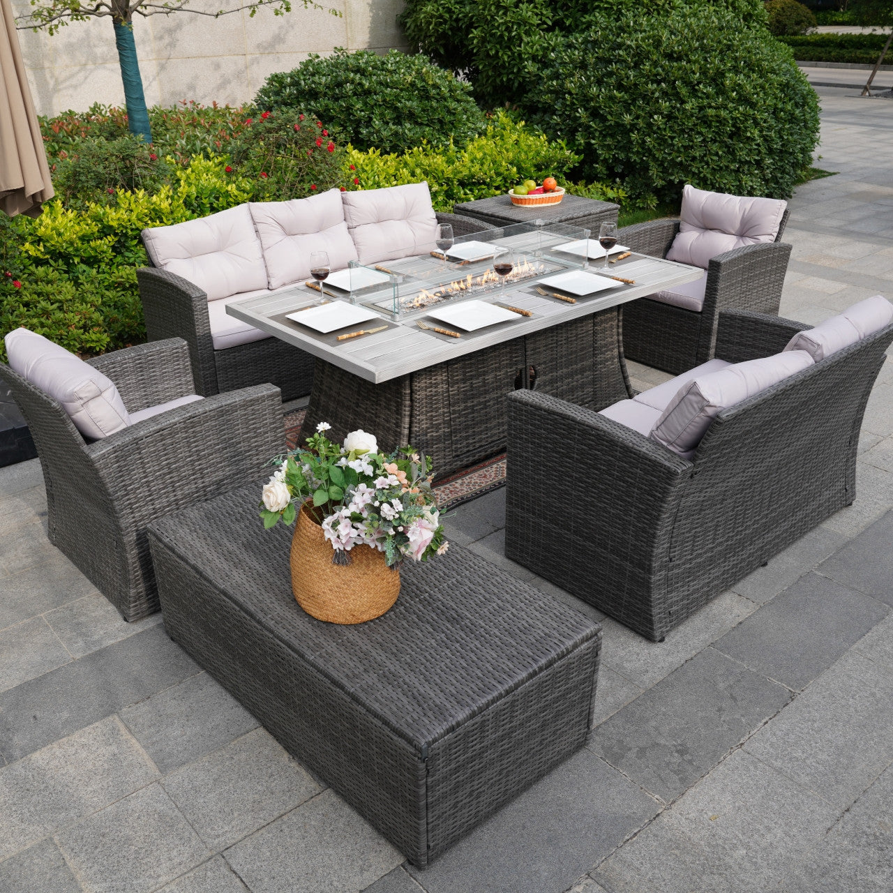 Outdoor Fire Pit Sofa Set with Rectangular Firepit Table (PAS-1503+1106RA)