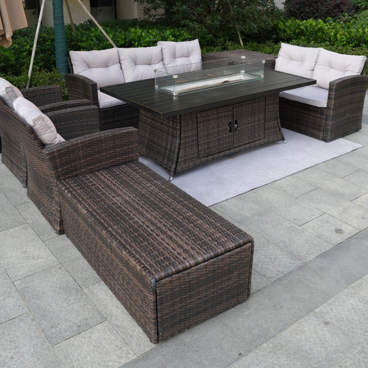 Outdoor Fire Pit Sofa Set with Rectangular Firepit Table (PAS-1503+1106RA)