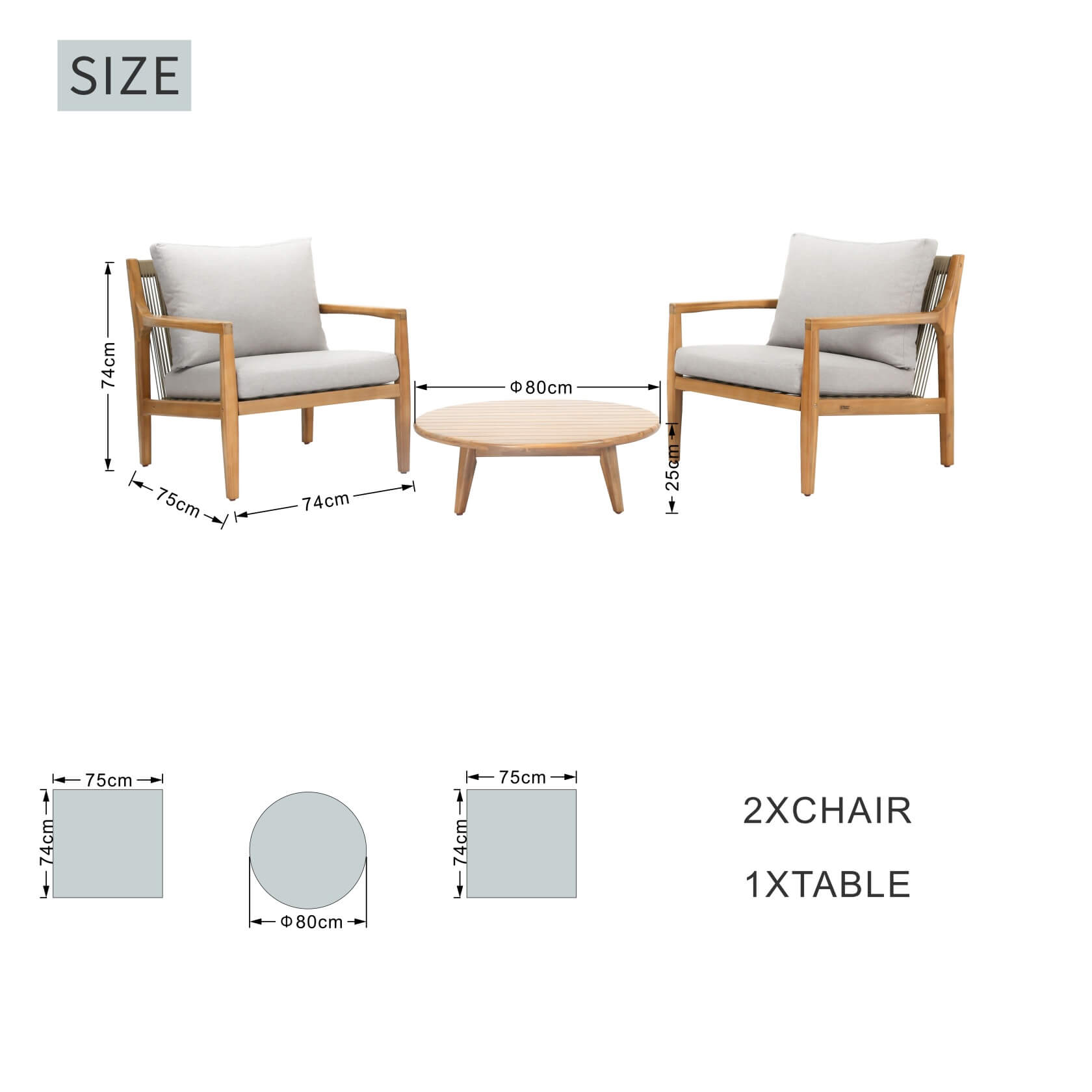 Rebel 2-Seat Wood Patio Conversation Set with Footstool (PAS-2513-SC*2+ST)