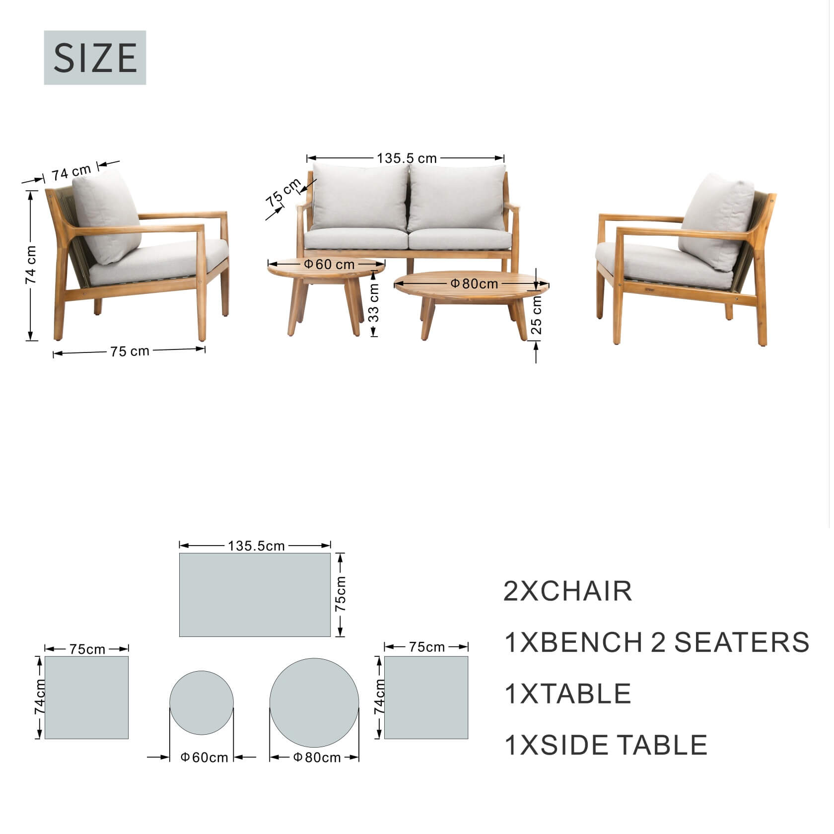 Rebel 4-Seat Wood Patio Conversation Set with Footstool (PAS-2513-2SC+SC*2+TA+ST)