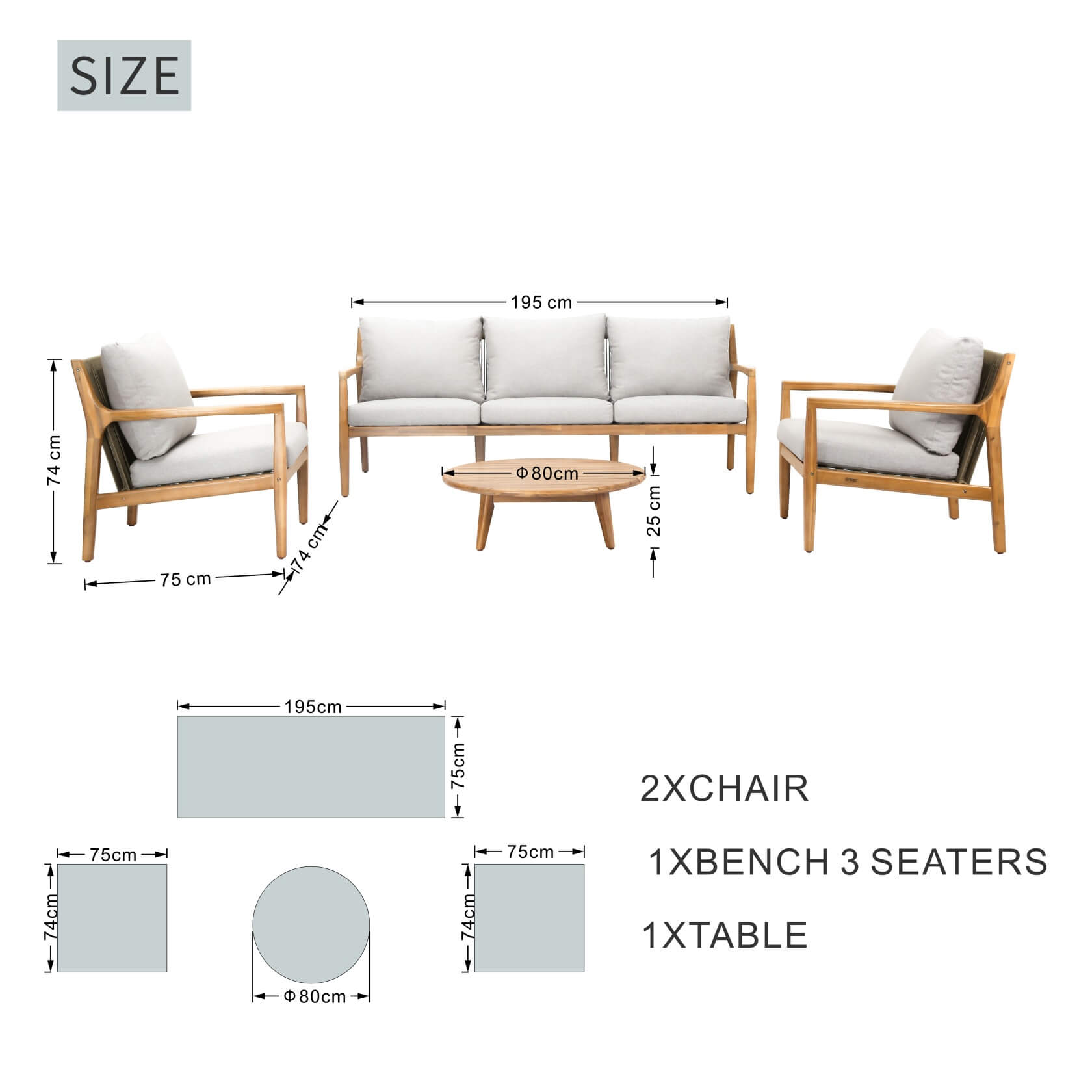 Rebel 5-Seat Wood Patio Conversation Set (PAS-2513-3SC+SC*2+TA)