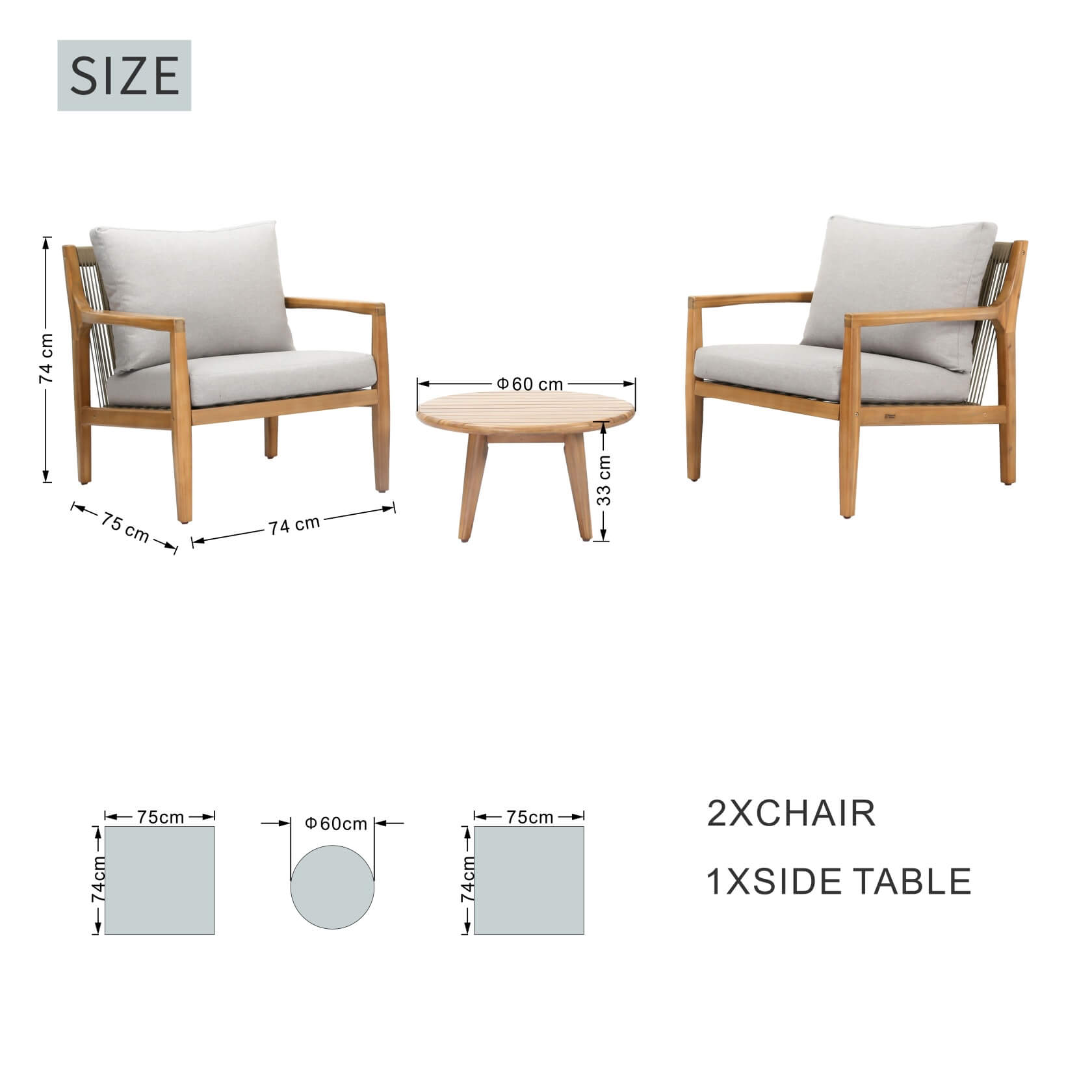 Rebel 2-Seat Wood Patio Conversation Set (PAS-2513-SC*2+TA)