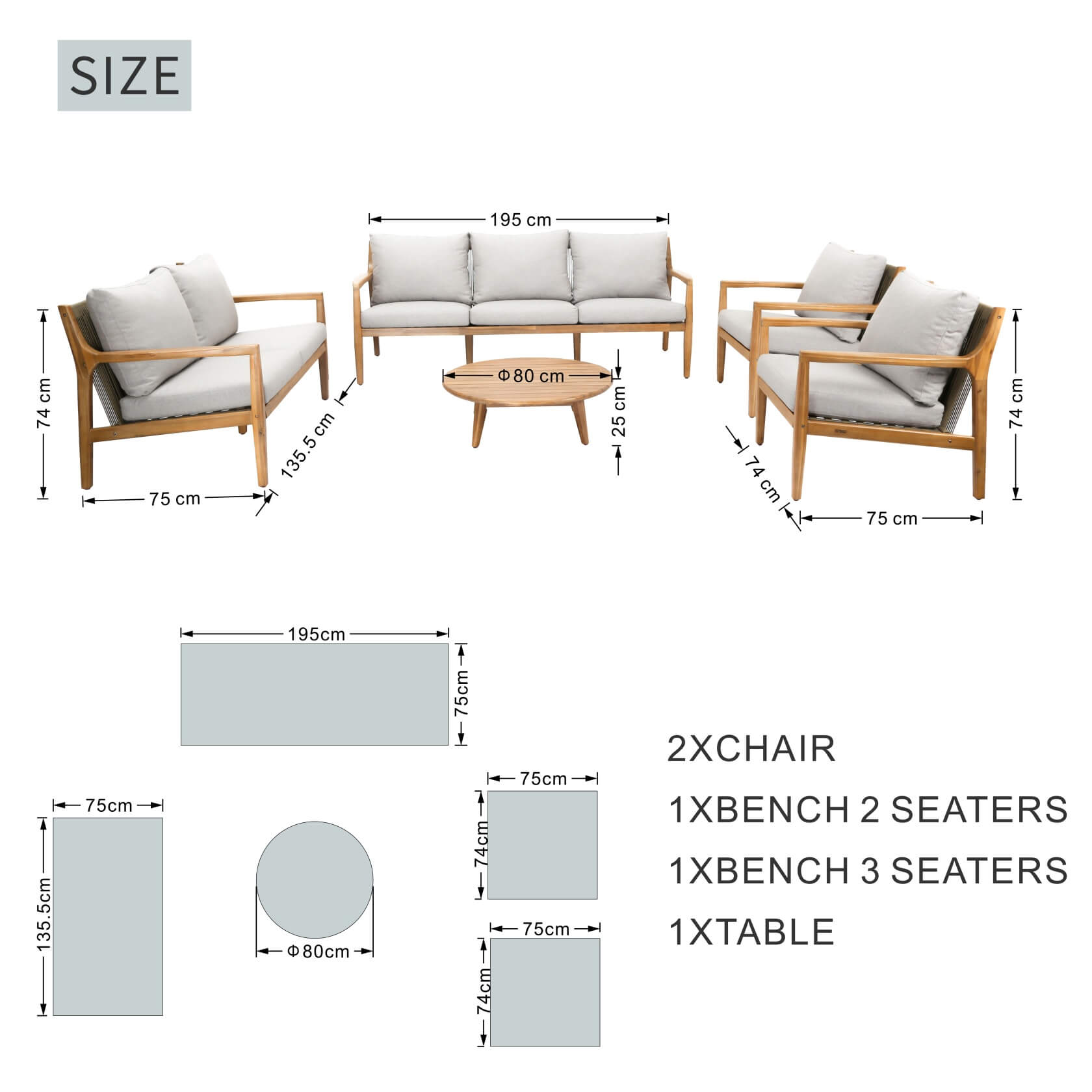 Rebel 7-Seat Wood Patio Conversation Set (PAS-2513-3SC+2SC+SC*2+TA)