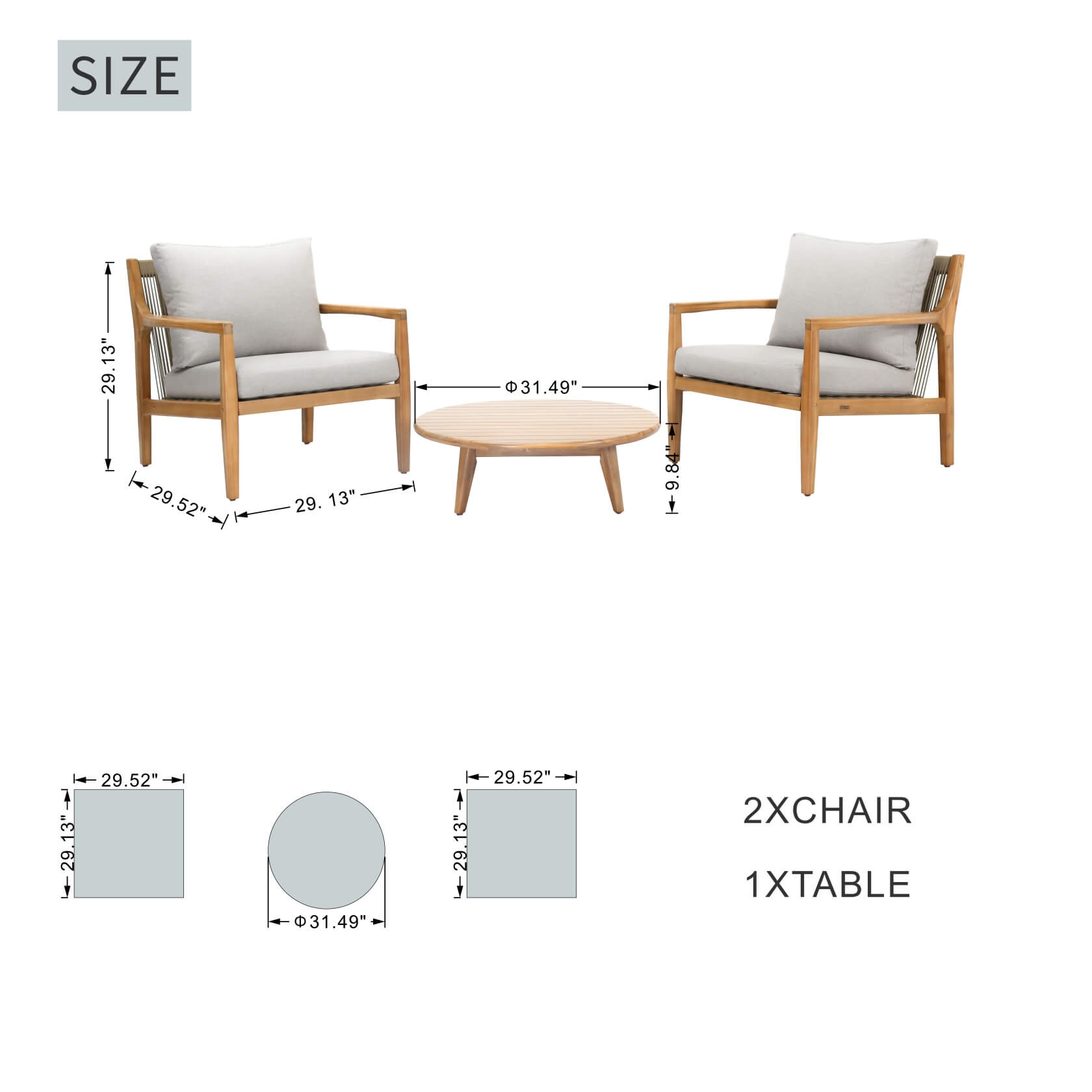 Rebel 2-Seat Wood Patio Conversation Set with Footstool (PAS-2513-SC*2+ST)