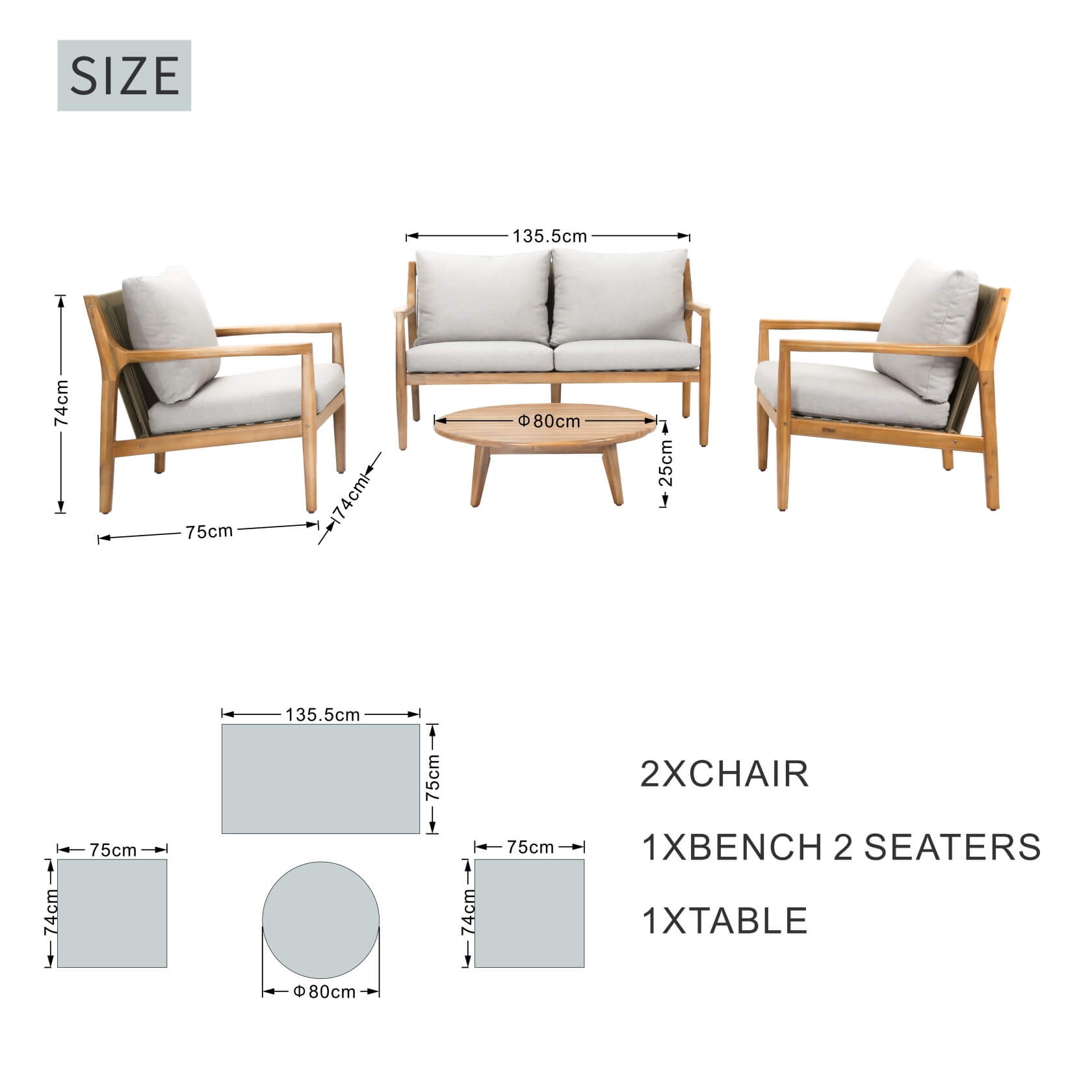 Rebel 4-Seat Wood Patio Conversation Set (PAS-2513-2SC+SC*2+ST)