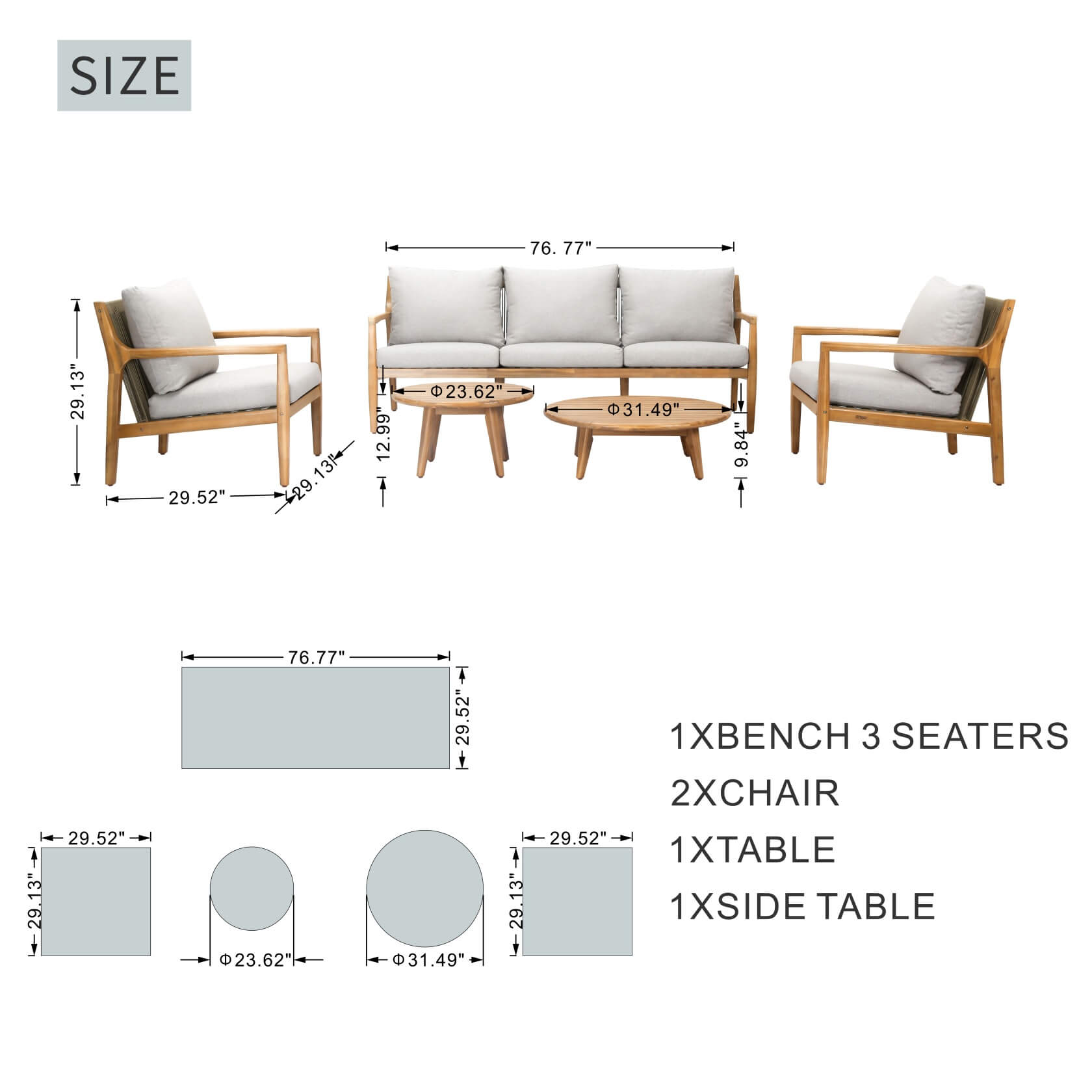 Rebel 5-Seat Wood Patio Conversation Set with Footstool(PAS-2513-3SC+SC*2+TA+ST)