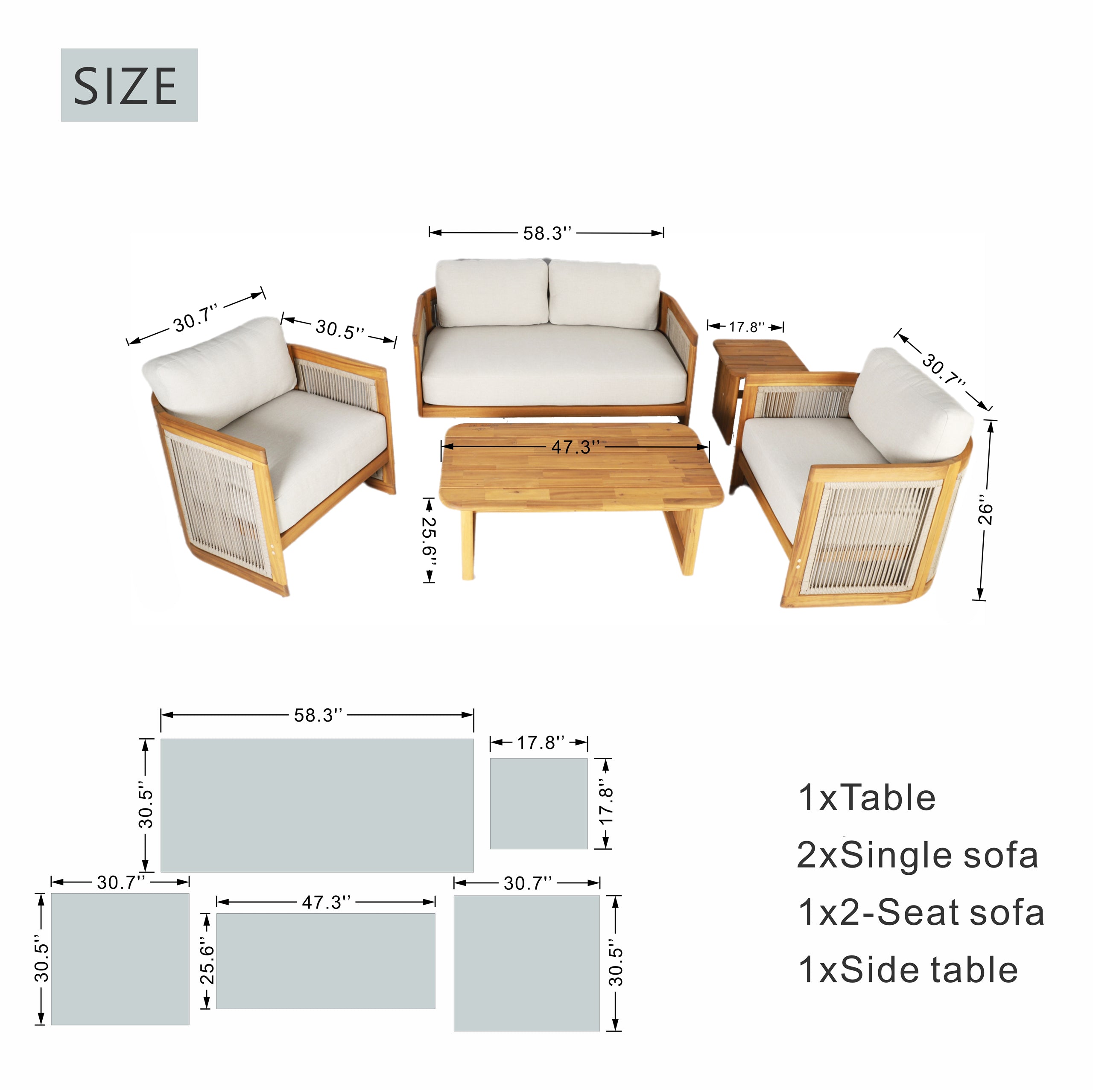 Solid Acacia 4-Seat Sofa Set with Side Table and Coffee Table (PAS-2515-2SS+SSx2+ST+TA)