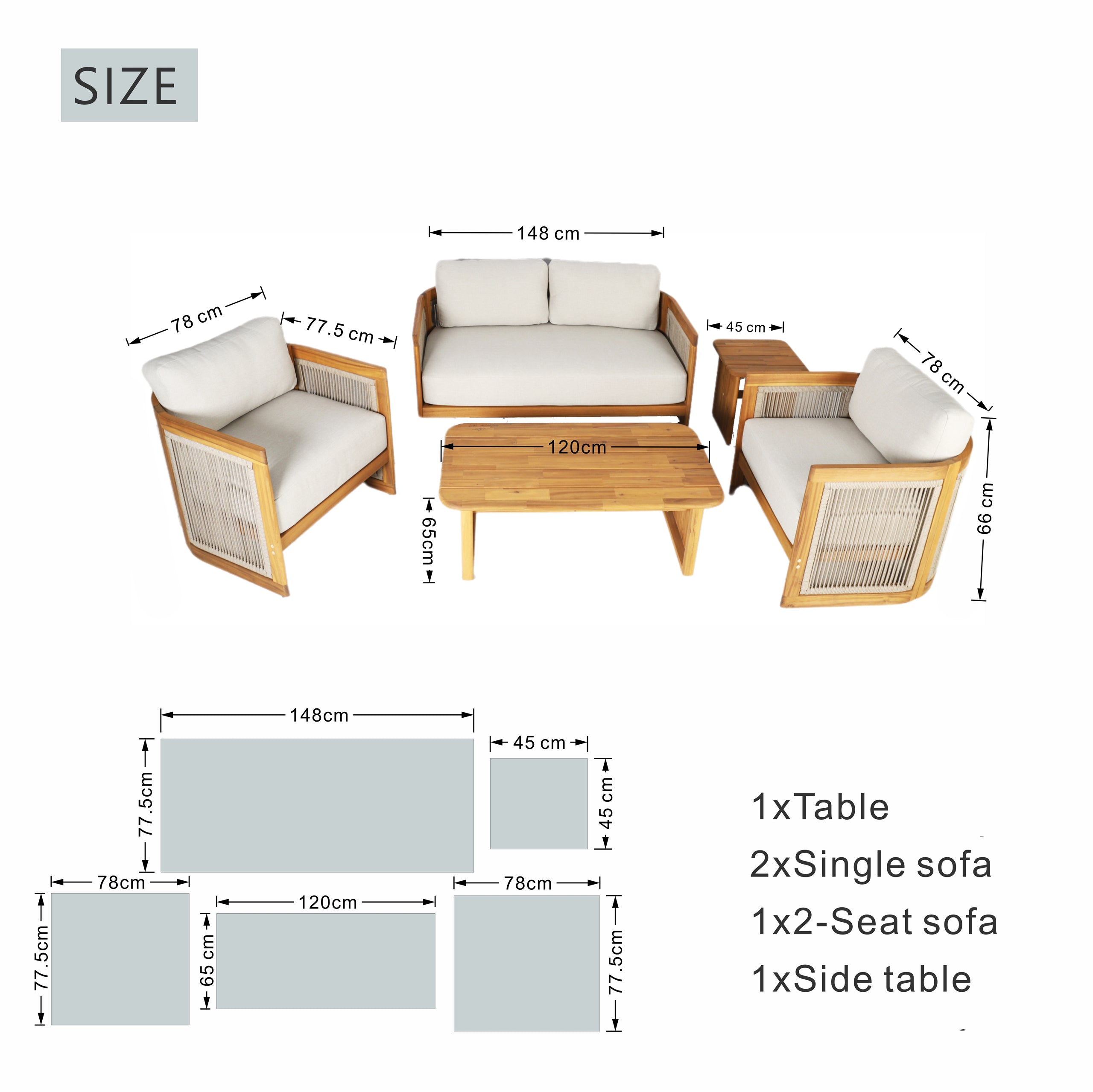 Solid Acacia 4-Seat Sofa Set with Side Table and Coffee Table (PAS-2515-2SS+SSx2+ST+TA)