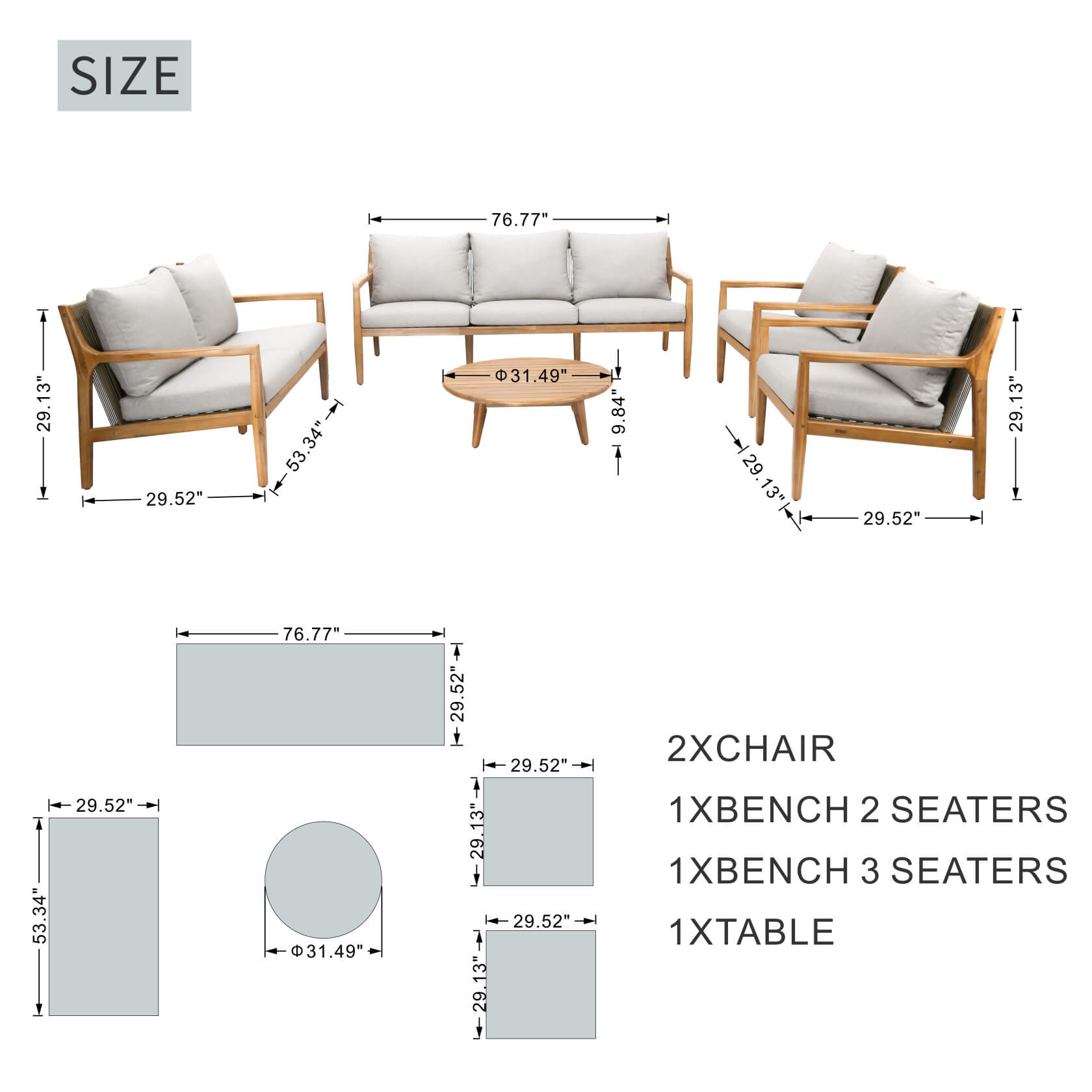 Rebel 7-Seat Wood Patio Conversation Set (PAS-2513-3SC+2SC+SC*2+TA)
