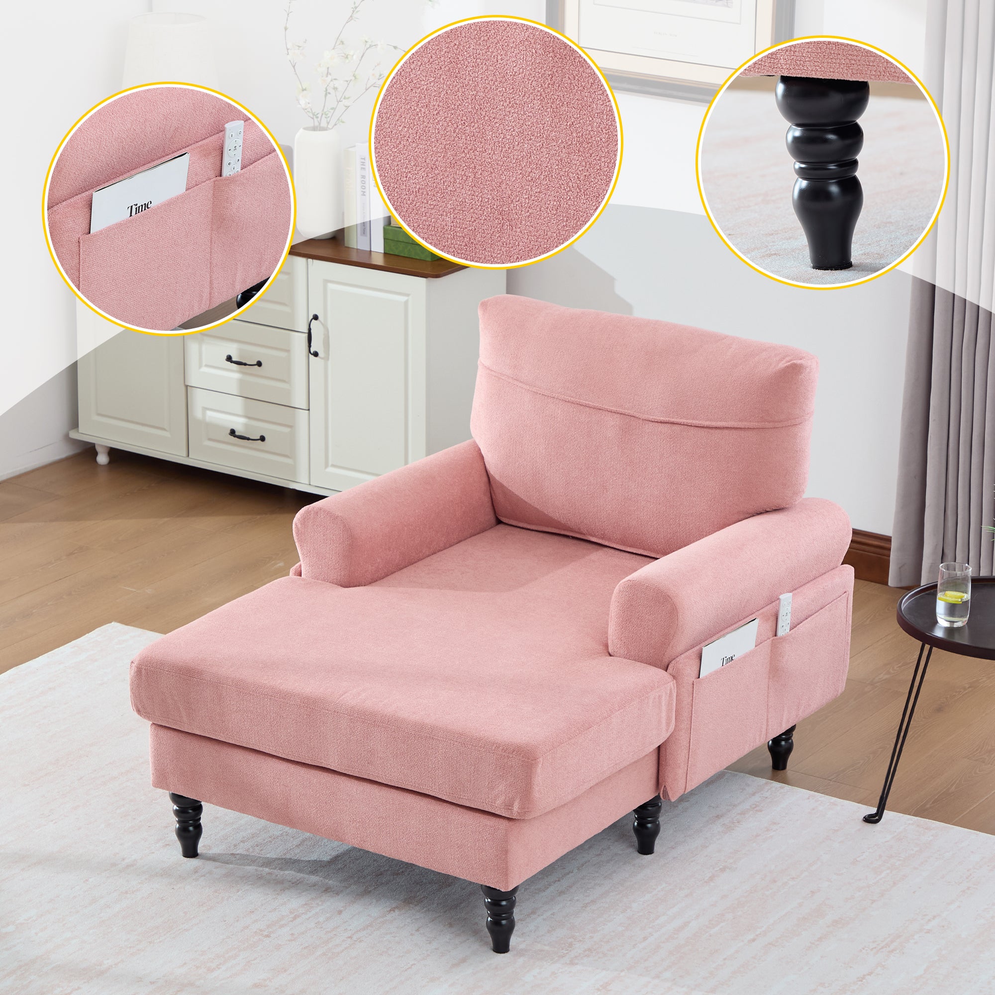 Modern Minimalist Chenille Fabric Chaise Lounge Recliner Single Sofa Living Room Bedroom Rest Chair Wooden Sofa Legs with Comfortable Backrest and Armrests Side Pockets for Storage Suitable for Office