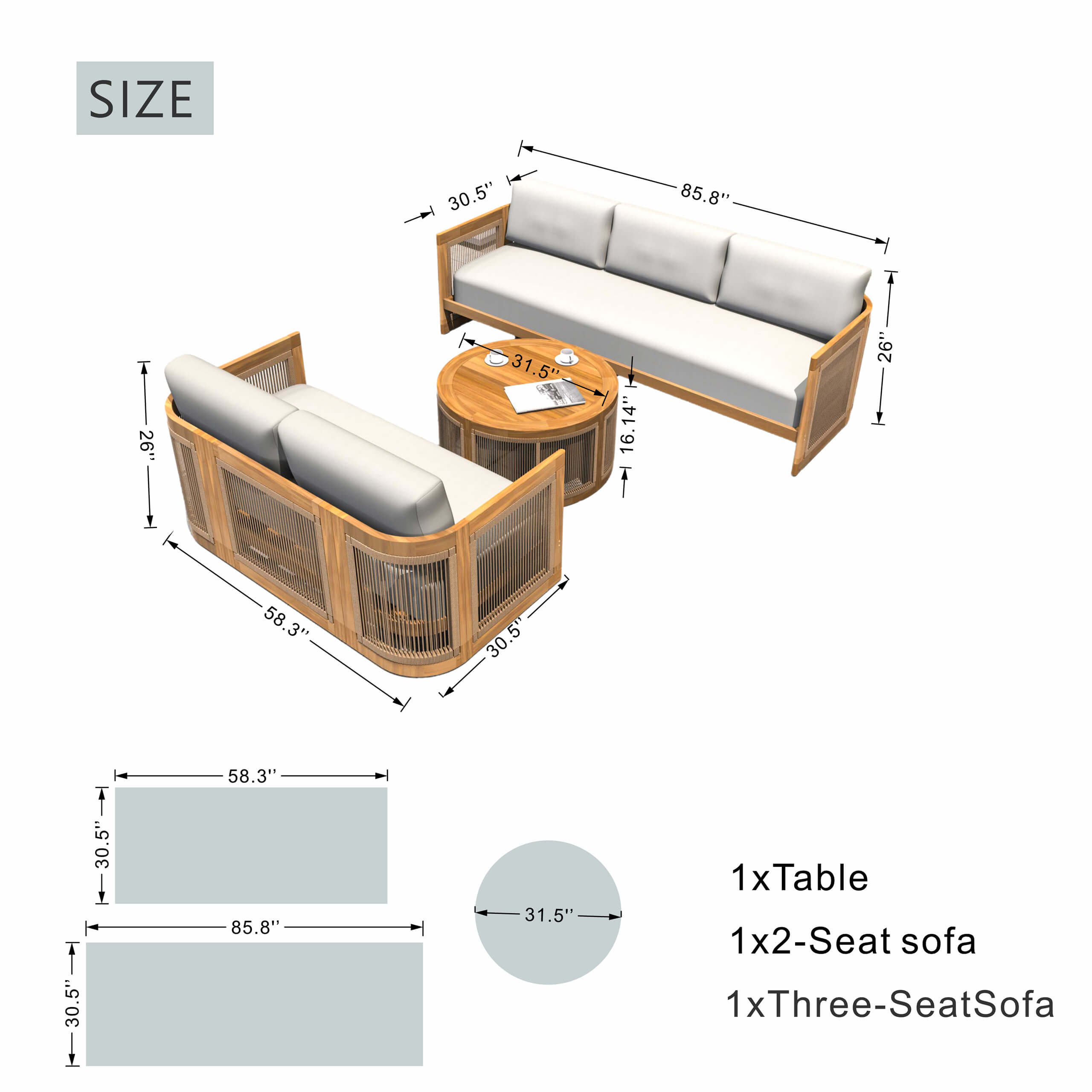 Solid Acacia 5-Seat Sofa Set with Round Coffee Table (PAS-2515-3SS+2SS+RTA)
