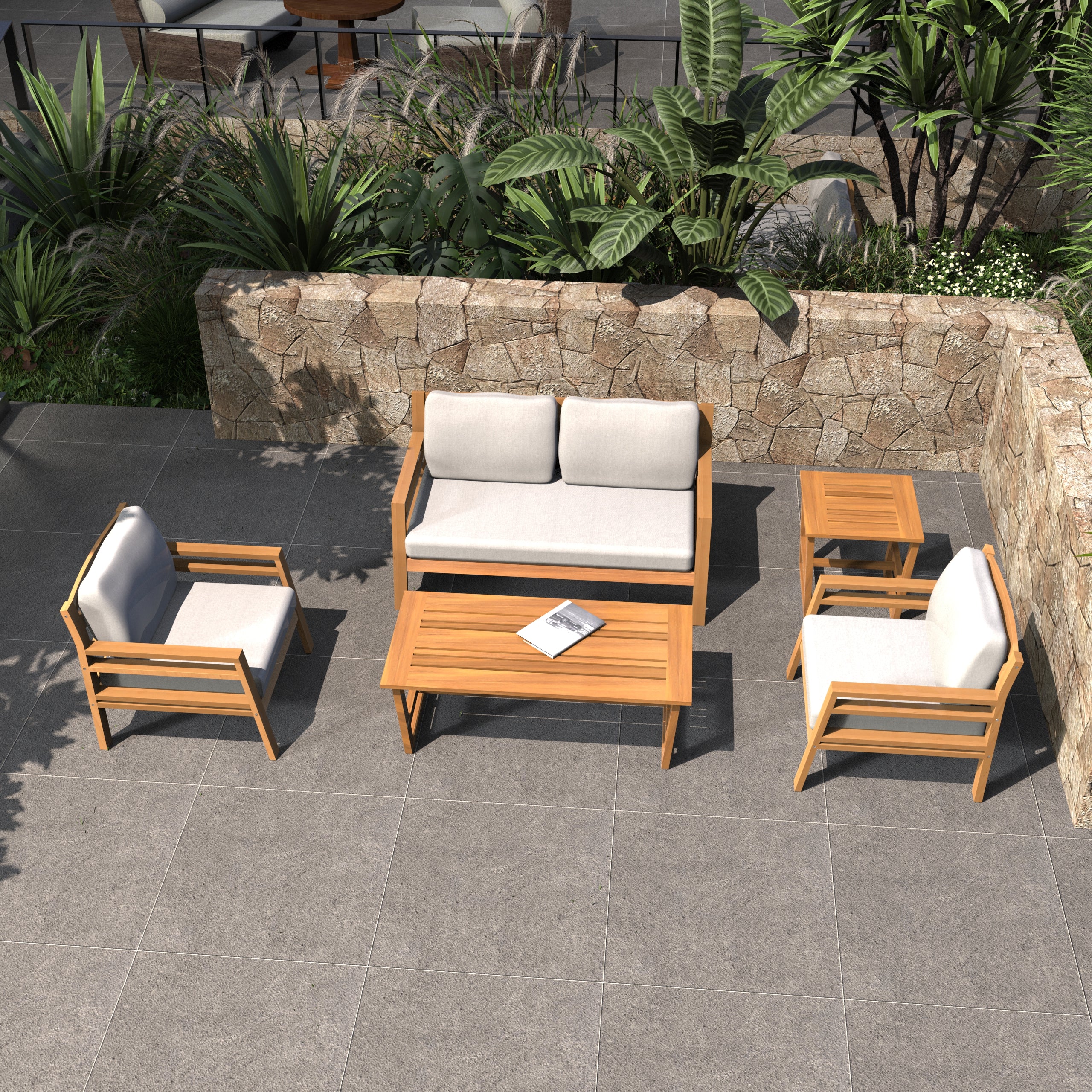 Rebel 4-Seat Wood Patio Conversation Set with Footstool(PAS-2520-2SC+SC*2+TA+ST)