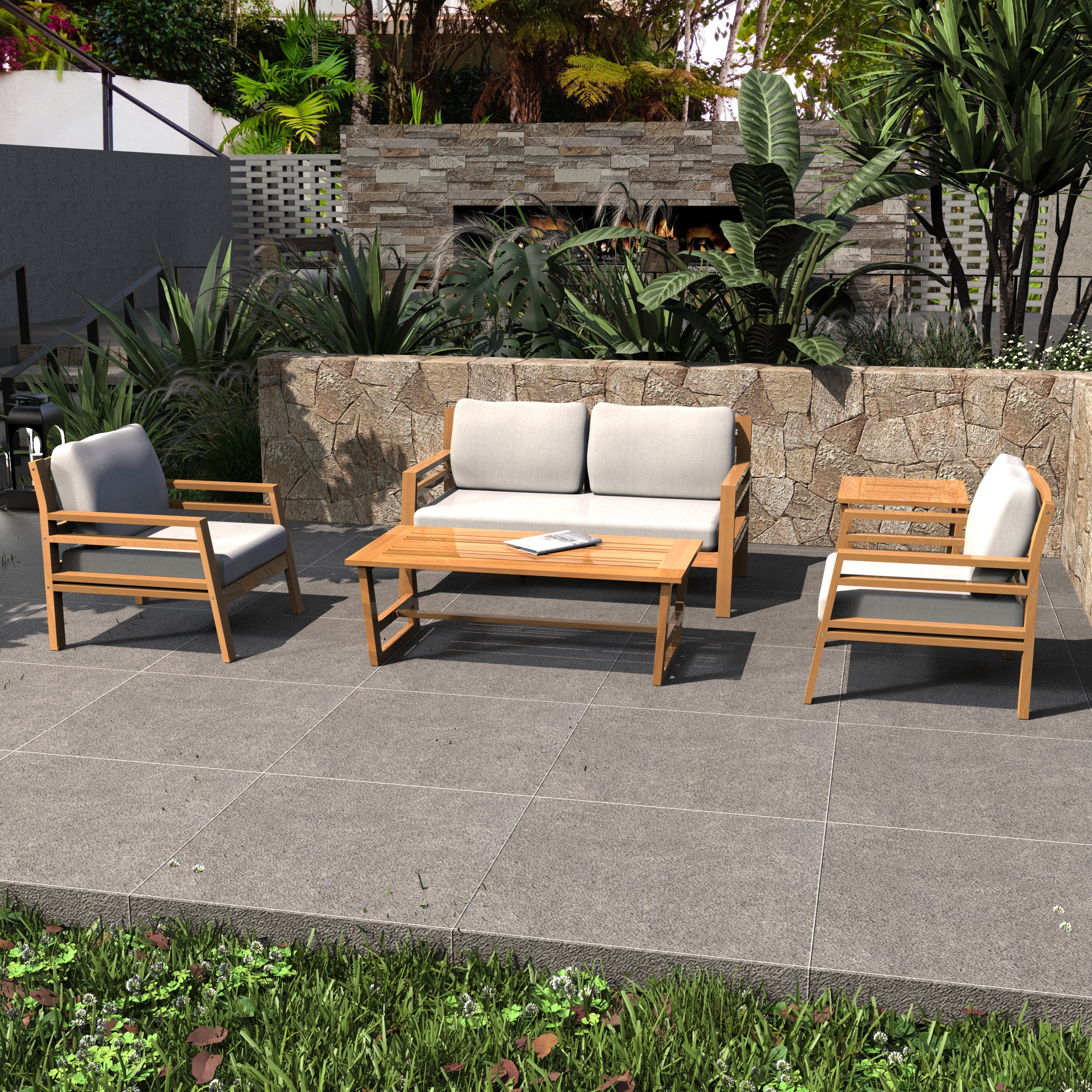 Rebel 4-Seat Wood Patio Conversation Set with Footstool(PAS-2520-2SC+SC*2+TA+ST)