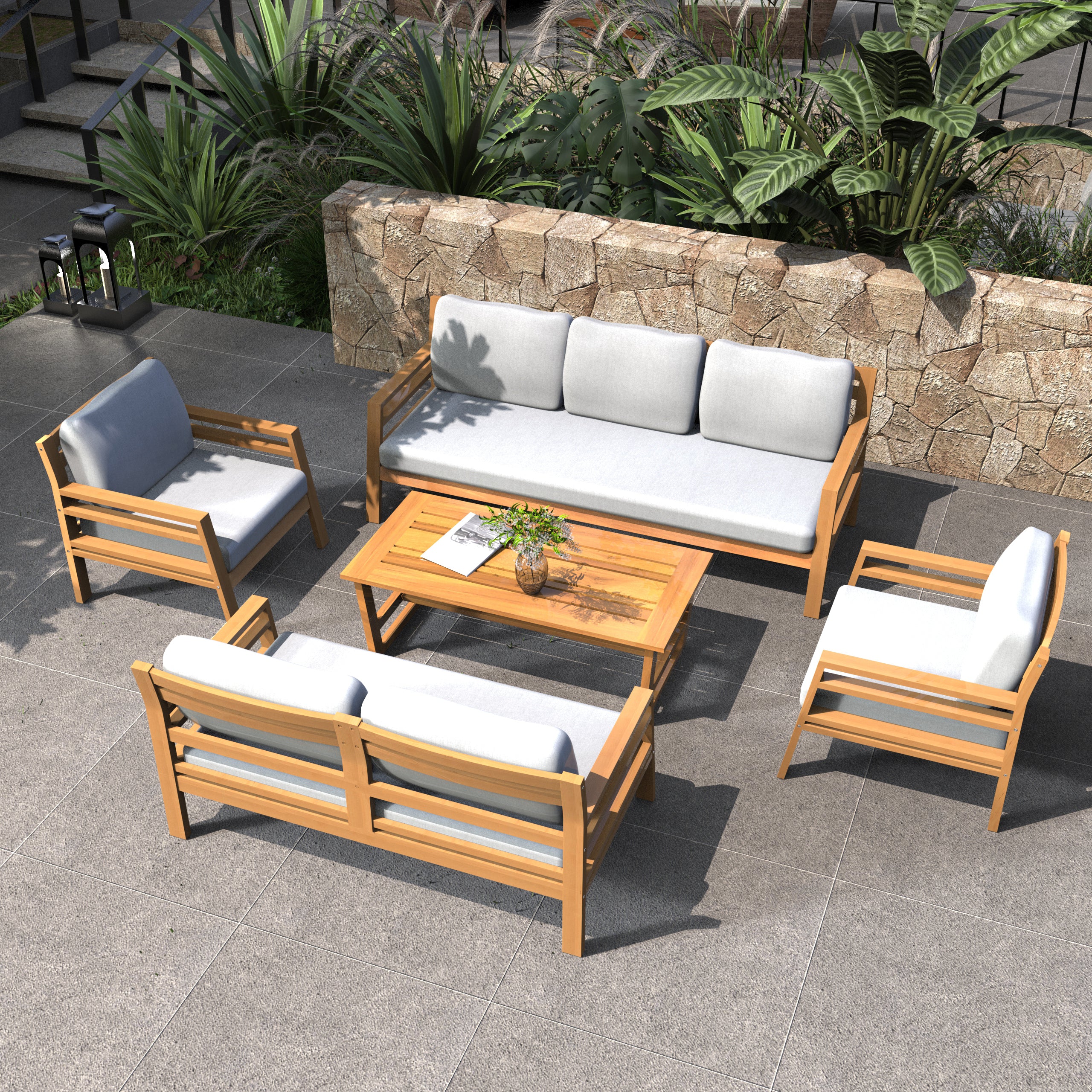 Rebel 7-Seat Wood Patio Conversation Set (PAS-2520-3SC+2SC+SC*2+TA)