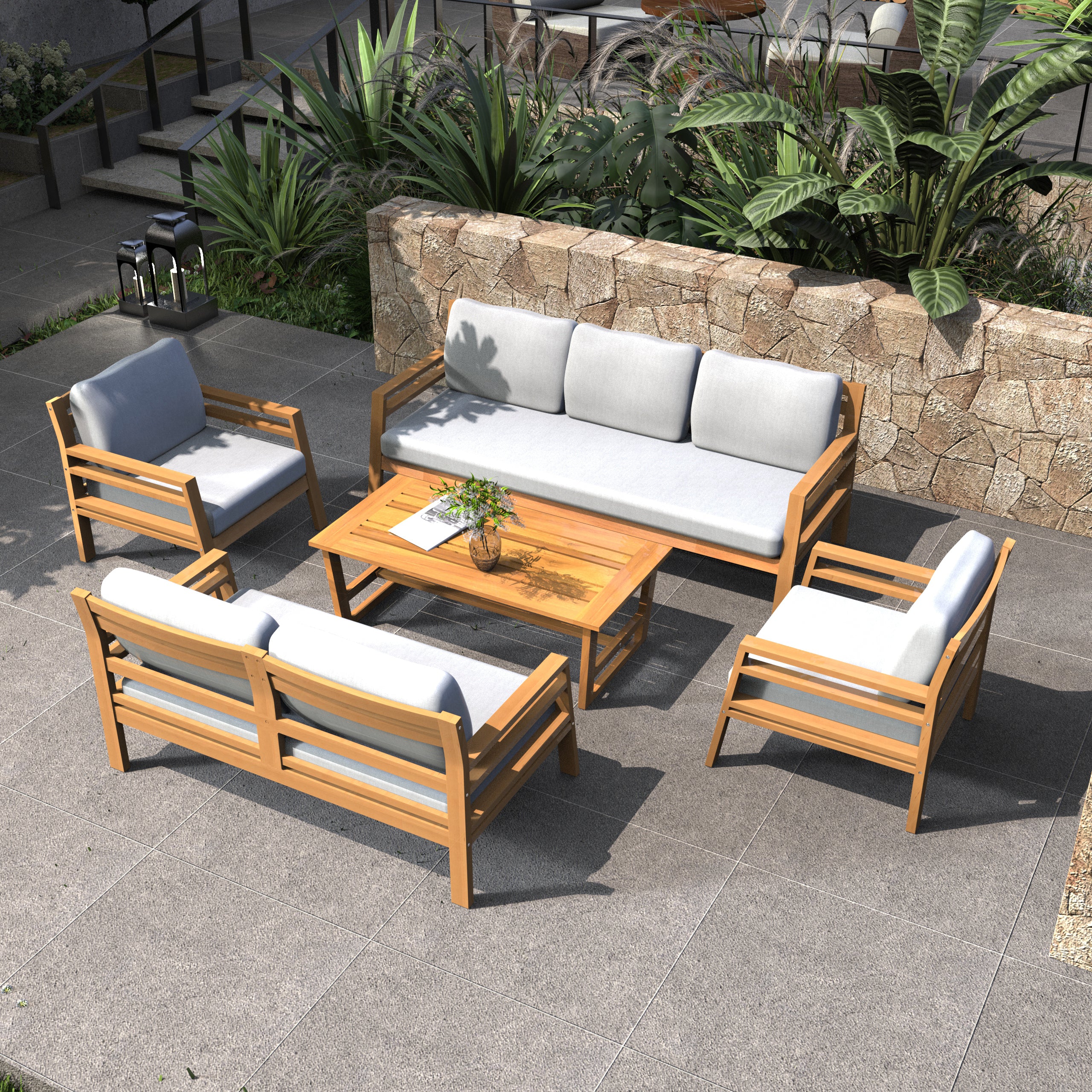 Rebel 7-Seat Wood Patio Conversation Set (PAS-2520-3SC+2SC+SC*2+TA)