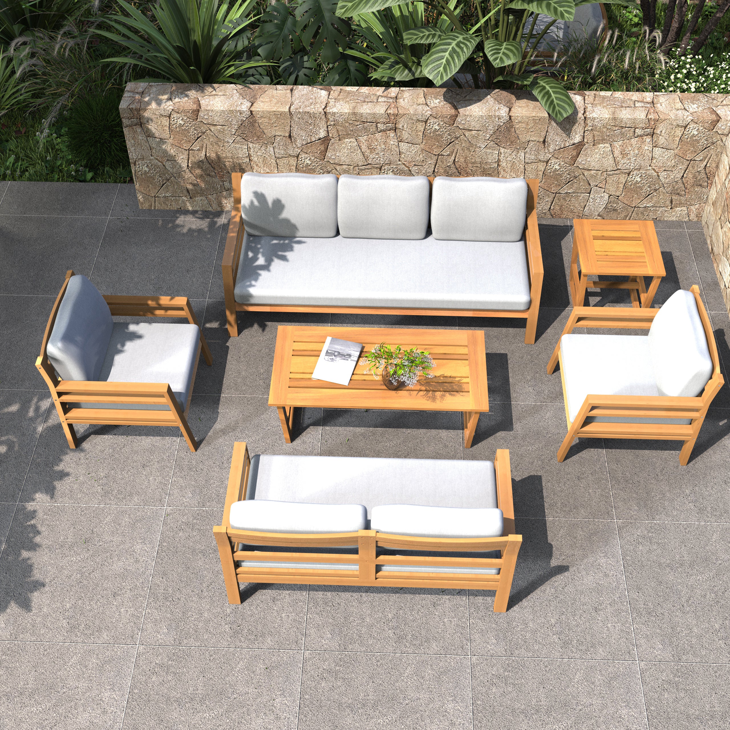Rebel 5-Seat Wood Patio Conversation Set with Footstool (PAS-2520-3SC+SC*2+TA+ST)