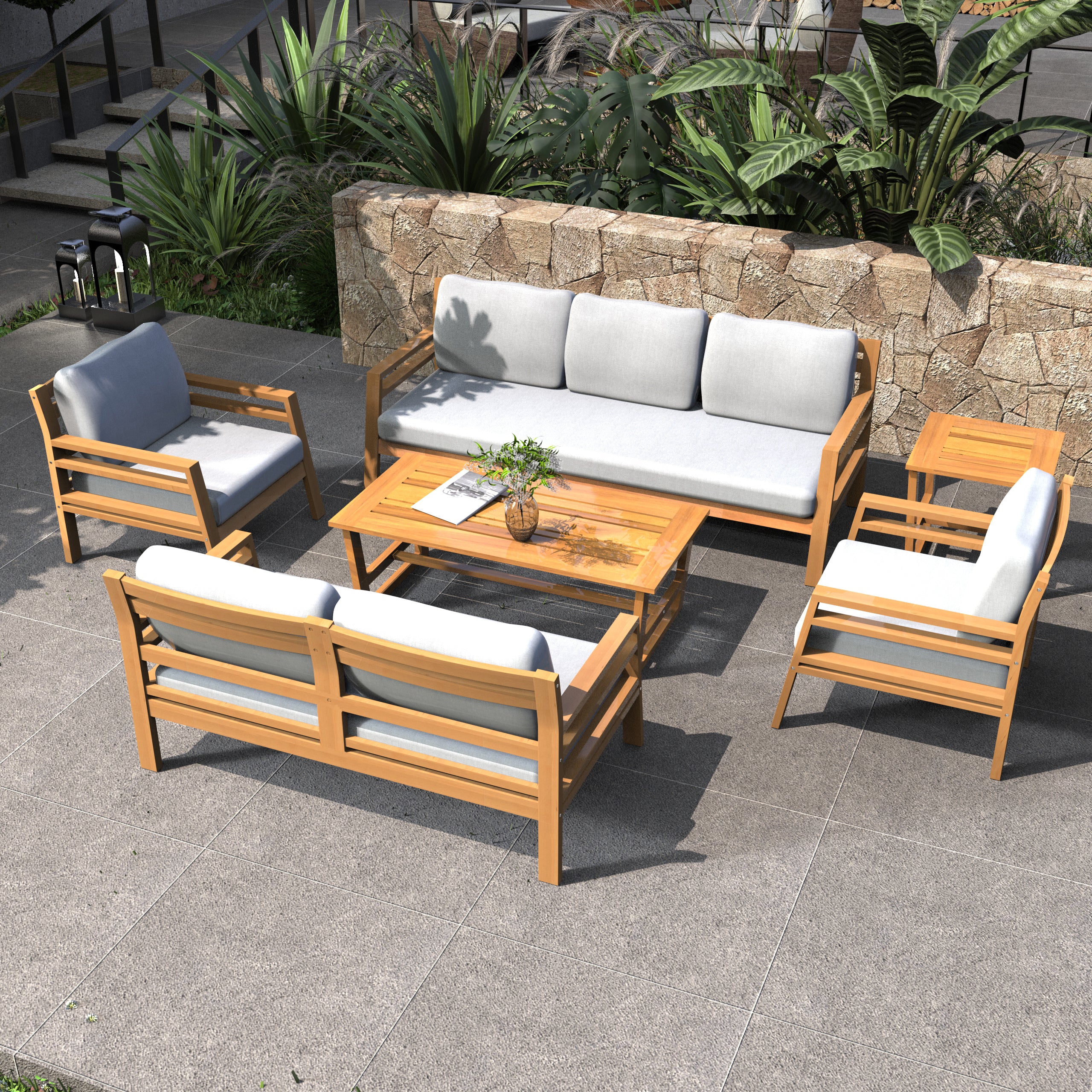 Rebel 5-Seat Wood Patio Conversation Set with Footstool (PAS-2520-3SC+SC*2+TA+ST)