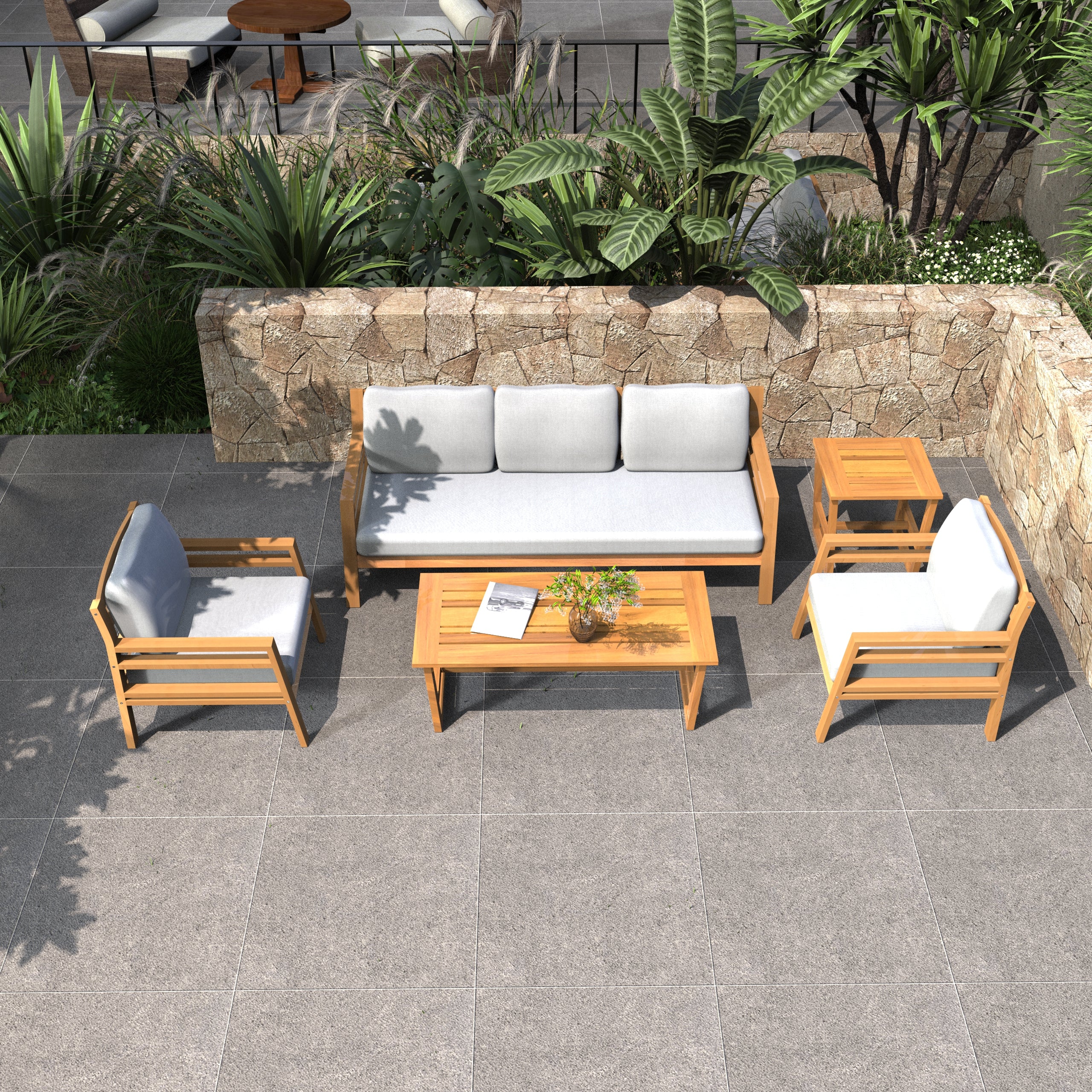 Rebel 5-Seat Wood Patio Conversation Set with Footstool (PAS-2520-3SC+SC*2+TA+ST)