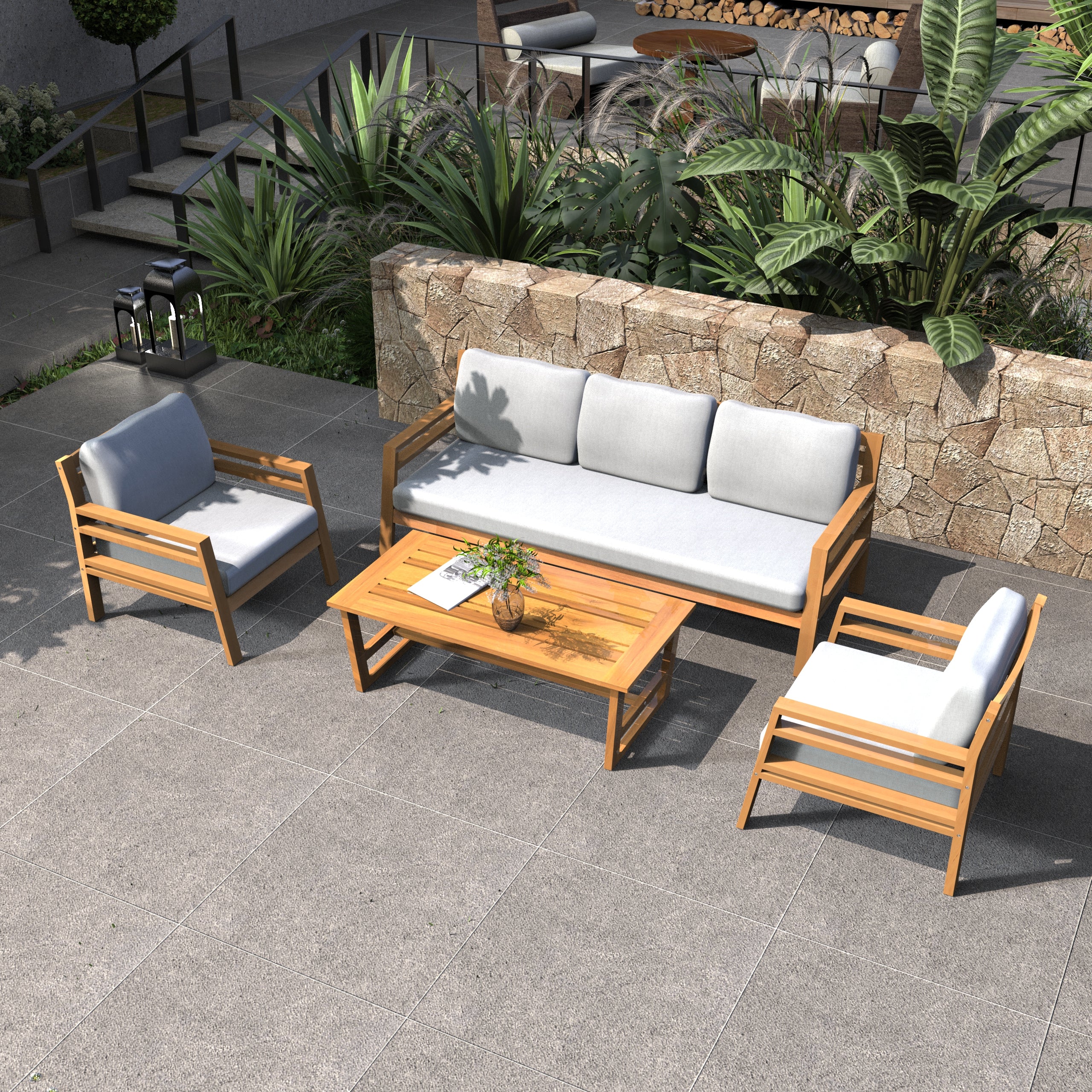 Rebel 5-Seat Wood Patio Conversation Set (PAD-2520-3SC+SC*2+TA)