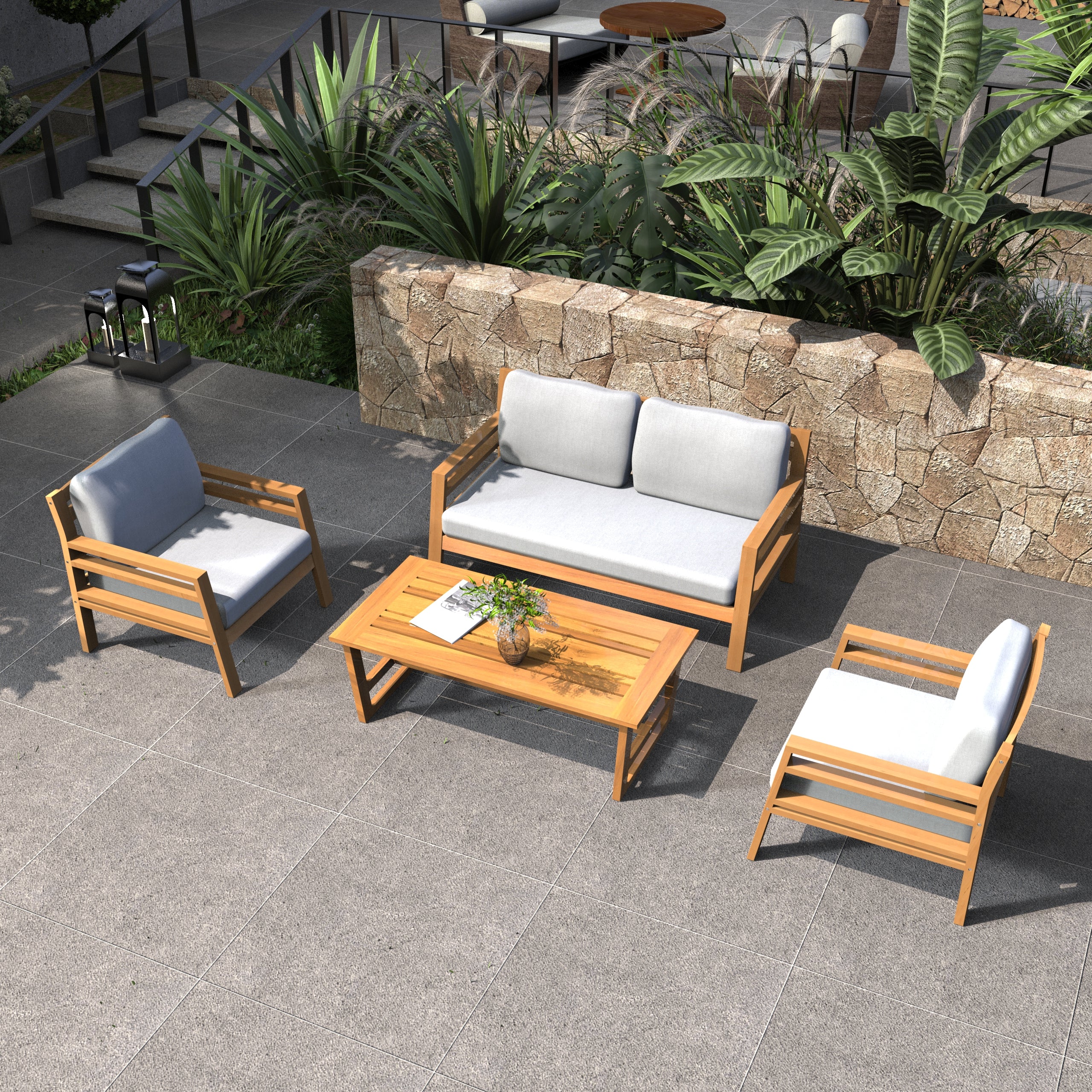 Rebel 4-Seat Wood Patio Conversation Set (PAS-2520-2SC+SC*2+TA)