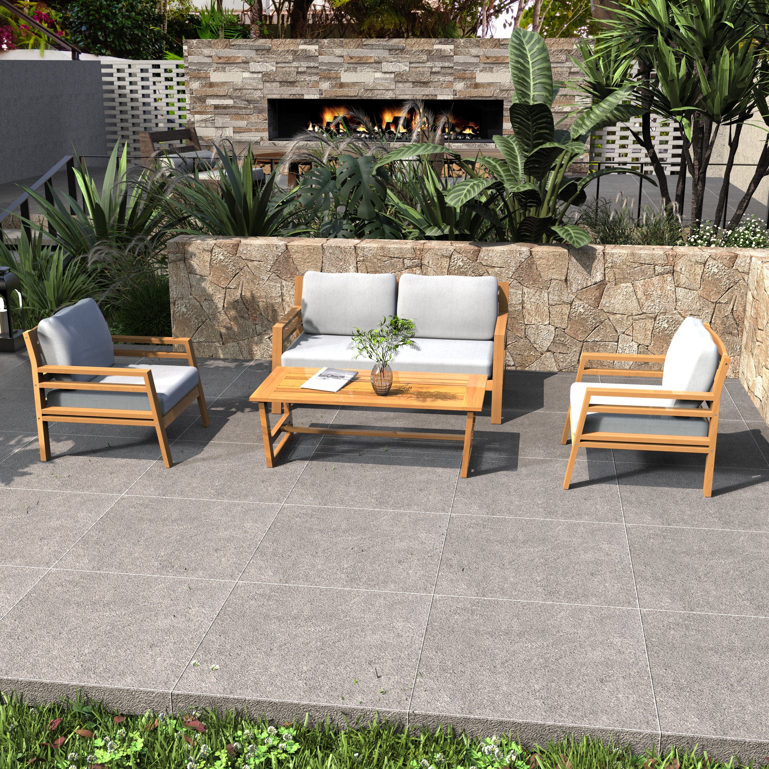 Rebel 4-Seat Wood Patio Conversation Set (PAS-2520-2SC+SC*2+TA)