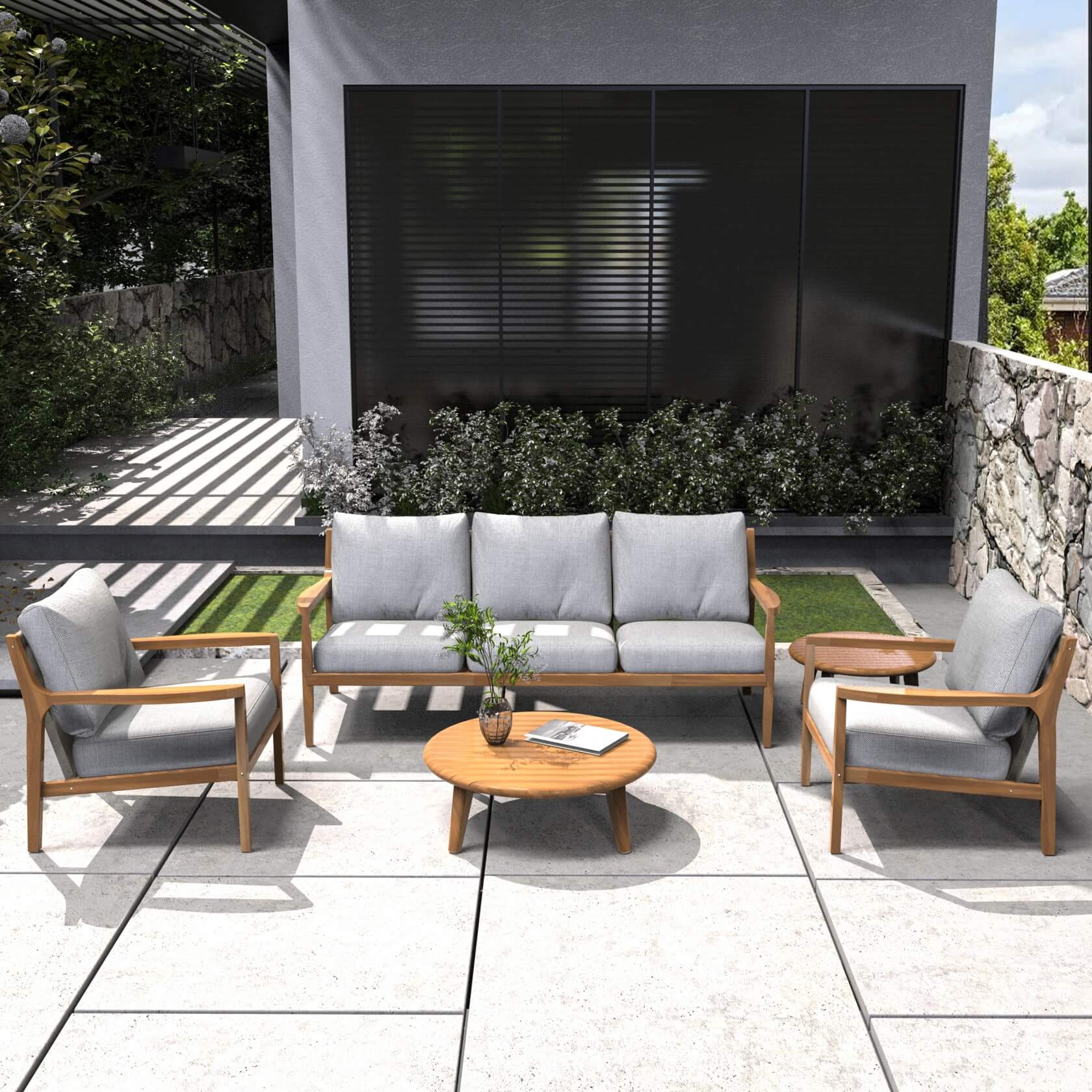 Rebel 5-Seat Wood Patio Conversation Set with Footstool(PAS-2513-3SC+SC*2+TA+ST)