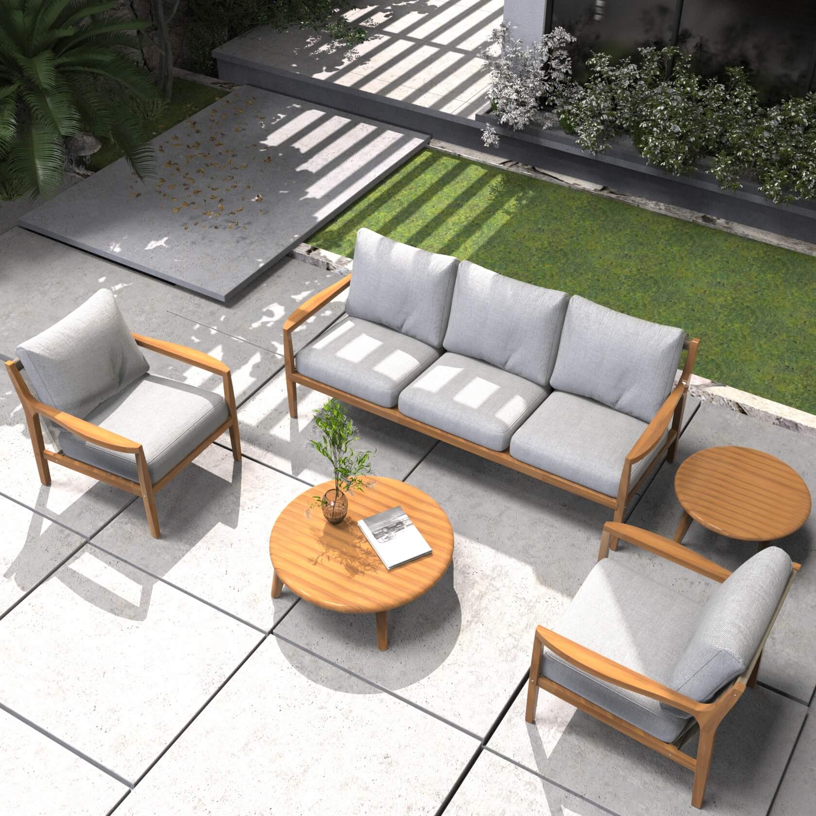 Rebel 5-Seat Wood Patio Conversation Set with Footstool(PAS-2513-3SC+SC*2+TA+ST)