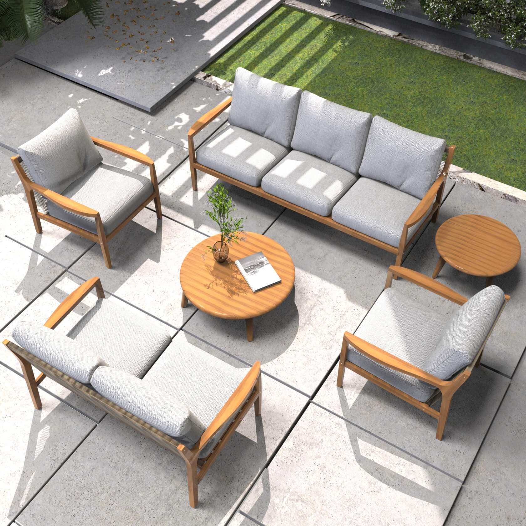 Pre-Order Natural Acacia Wood Outdoor Seating Set – 6-Piece Rustic Patio Sofa & Table Collection（PAS-2513-3SC+2SC+SC*2+TA+ST)