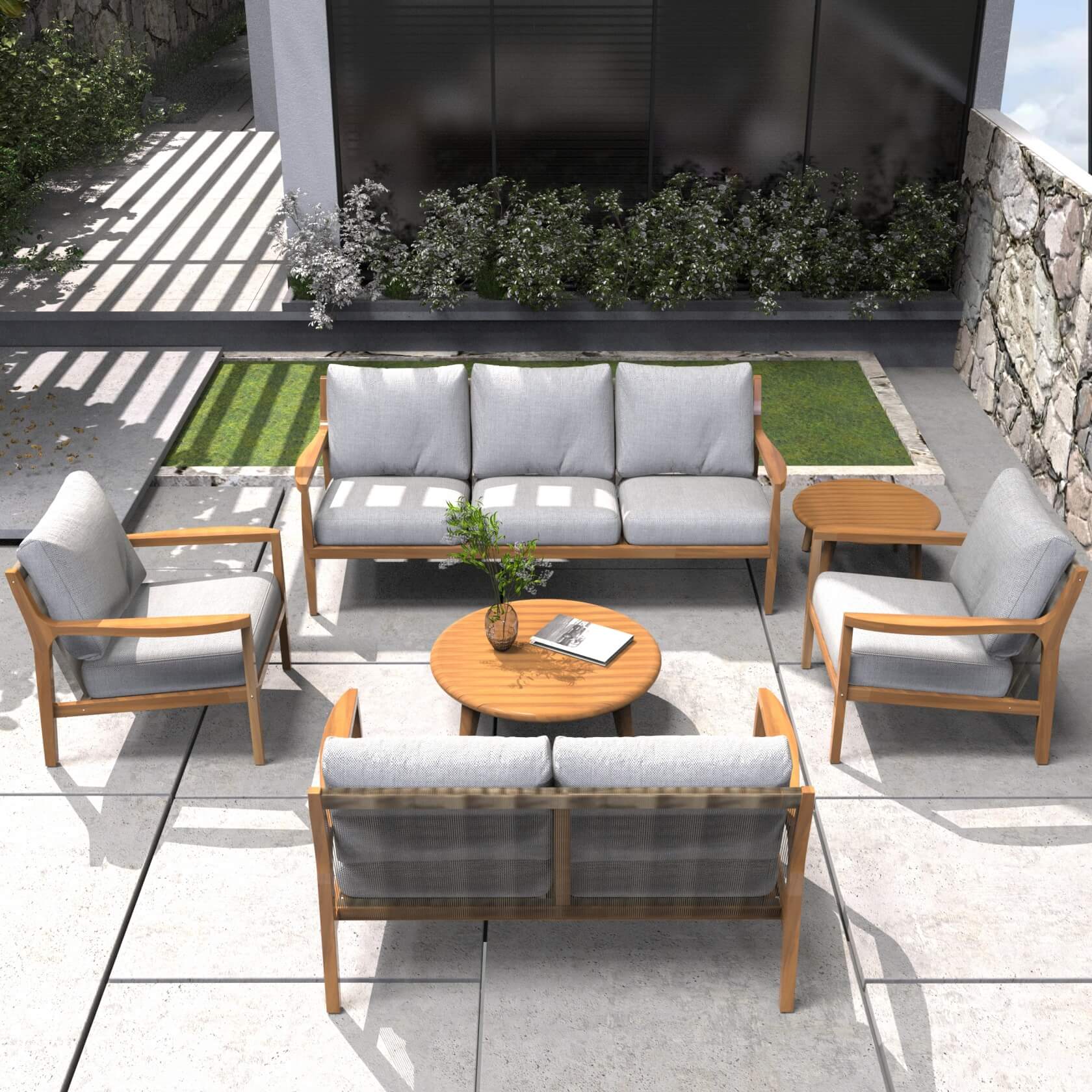 Pre-Order Natural Acacia Wood Outdoor Seating Set – 6-Piece Rustic Patio Sofa & Table Collection（PAS-2513-3SC+2SC+SC*2+TA+ST)