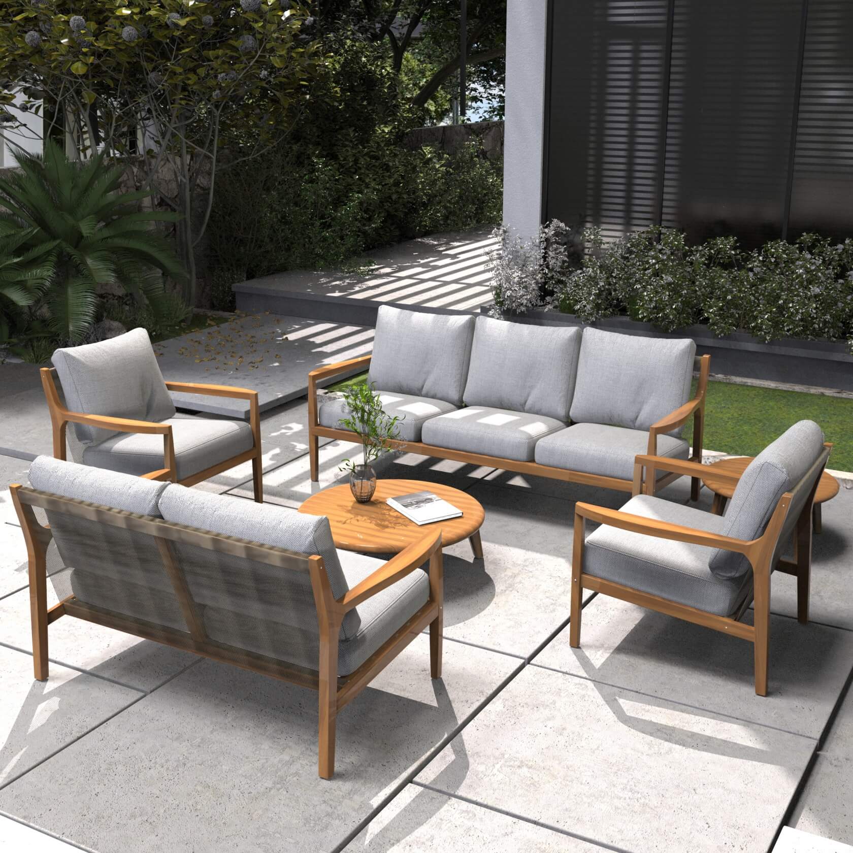 Pre-Order Natural Acacia Wood Outdoor Seating Set – 6-Piece Rustic Patio Sofa & Table Collection（PAS-2513-3SC+2SC+SC*2+TA+ST)