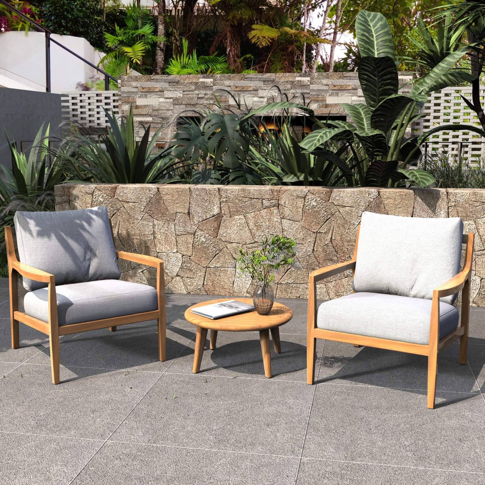 Rebel 2-Seat Wood Patio Conversation Set with Footstool (PAS-2513-SC*2+ST)