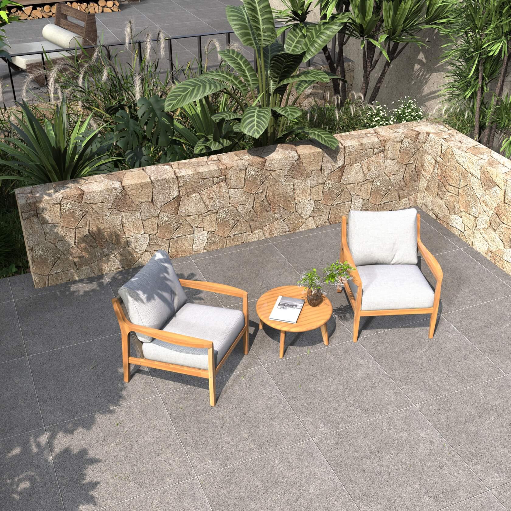 Rebel 2-Seat Wood Patio Conversation Set with Footstool (PAS-2513-SC*2+ST)