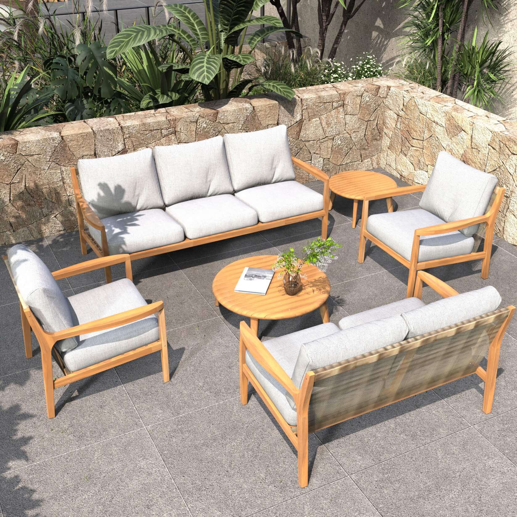 Pre-Order Natural Acacia Wood Outdoor Seating Set – 6-Piece Rustic Patio Sofa & Table Collection（PAS-2513-3SC+2SC+SC*2+TA+ST)