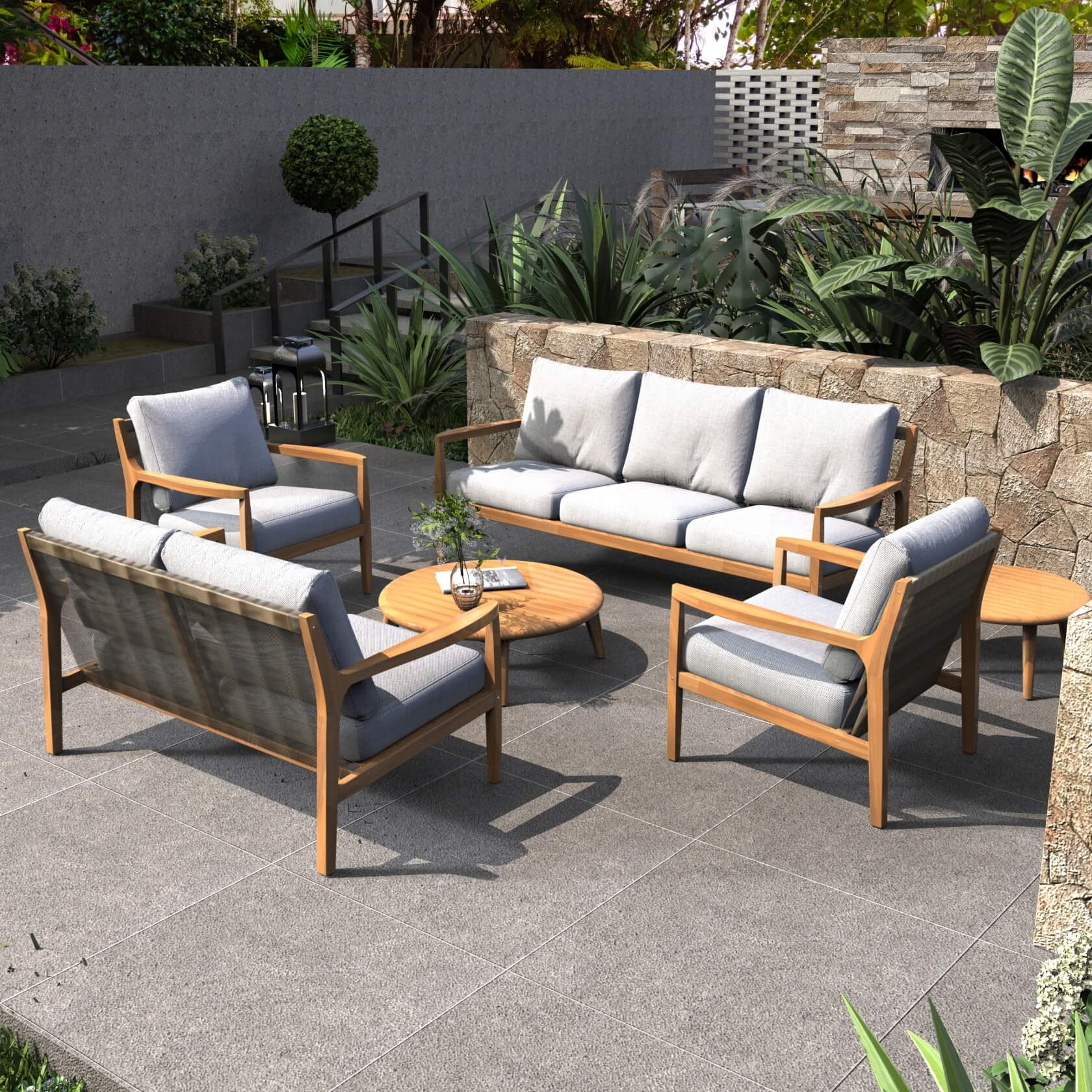 Pre-Order Natural Acacia Wood Outdoor Seating Set – 6-Piece Rustic Patio Sofa & Table Collection（PAS-2513-3SC+2SC+SC*2+TA+ST)