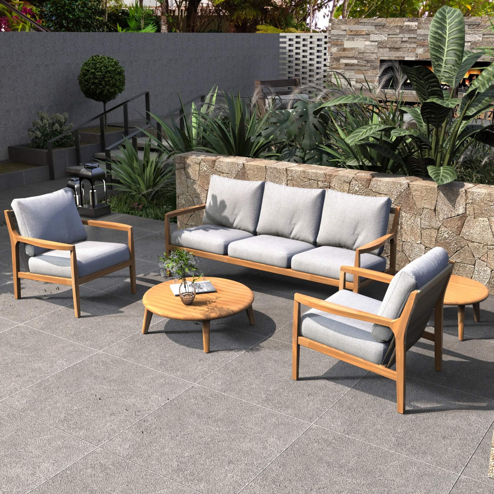 Rebel 5-Seat Wood Patio Conversation Set with Footstool(PAS-2513-3SC+SC*2+TA+ST)