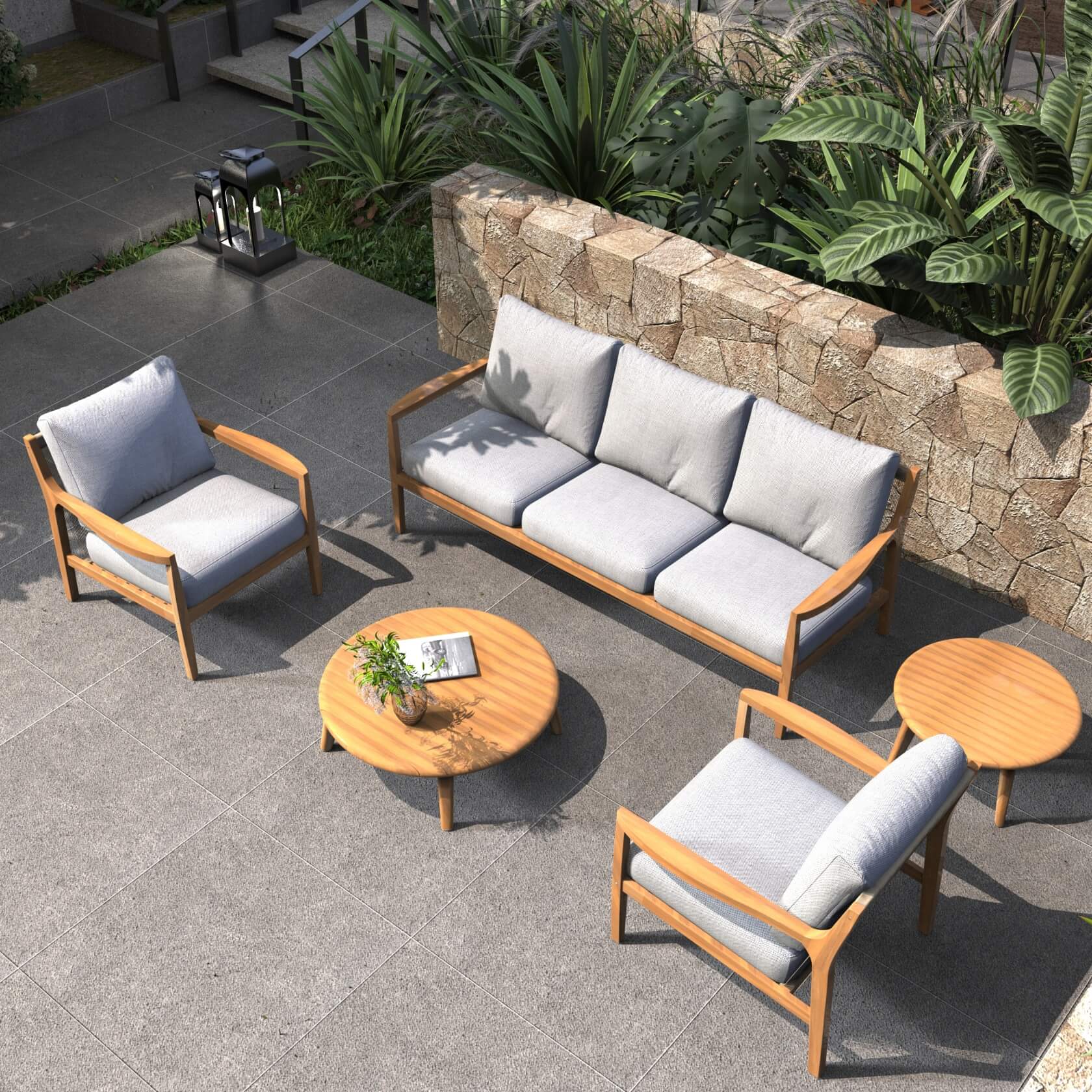 Rebel 5-Seat Wood Patio Conversation Set with Footstool(PAS-2513-3SC+SC*2+TA+ST)