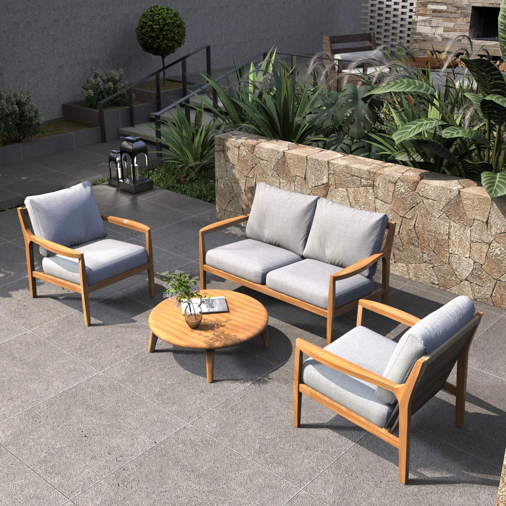 Rebel 4-Seat Wood Patio Conversation Set (PAS-2513-2SC+SC*2+ST)