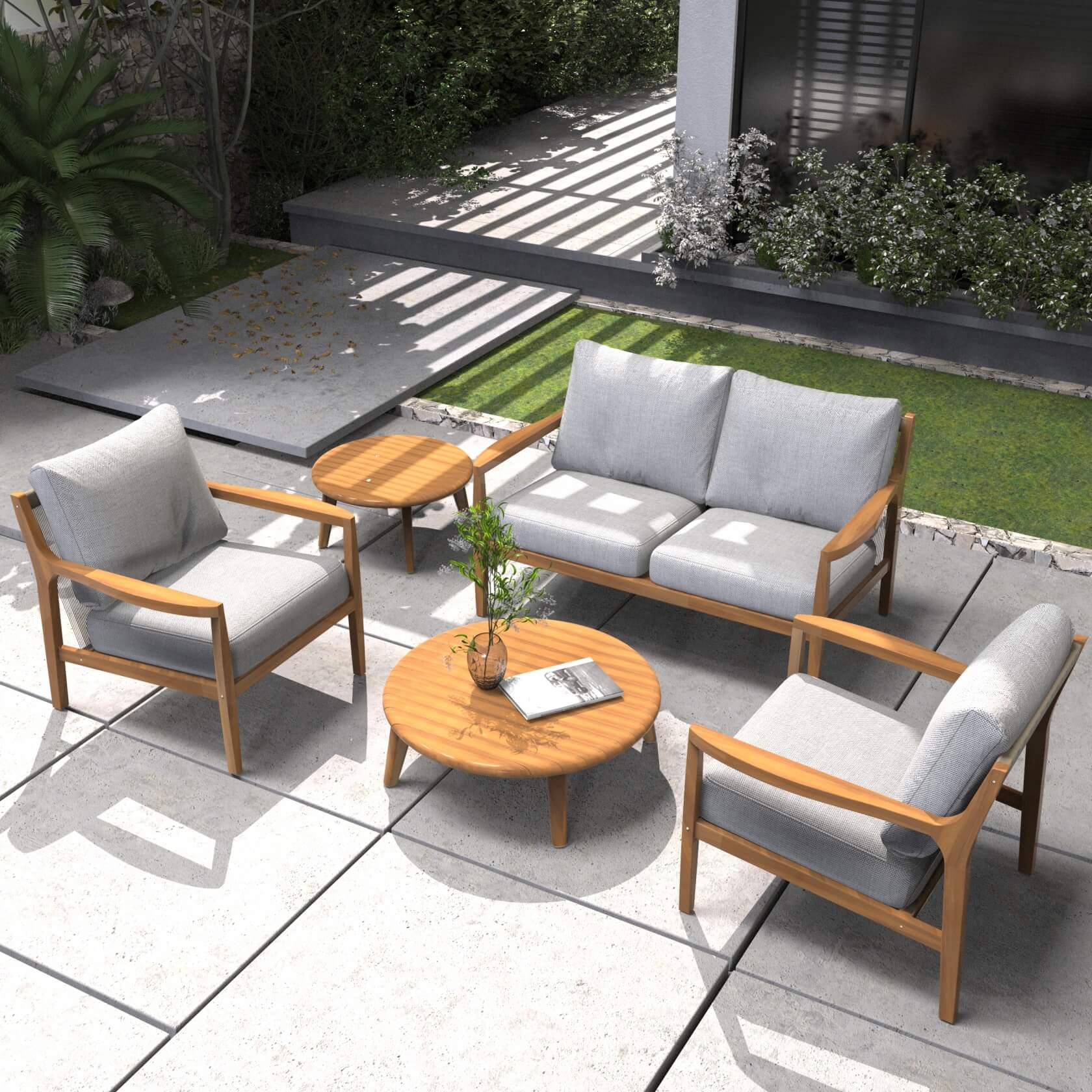Rebel 4-Seat Wood Patio Conversation Set with Footstool (PAS-2513-2SC+SC*2+TA+ST)