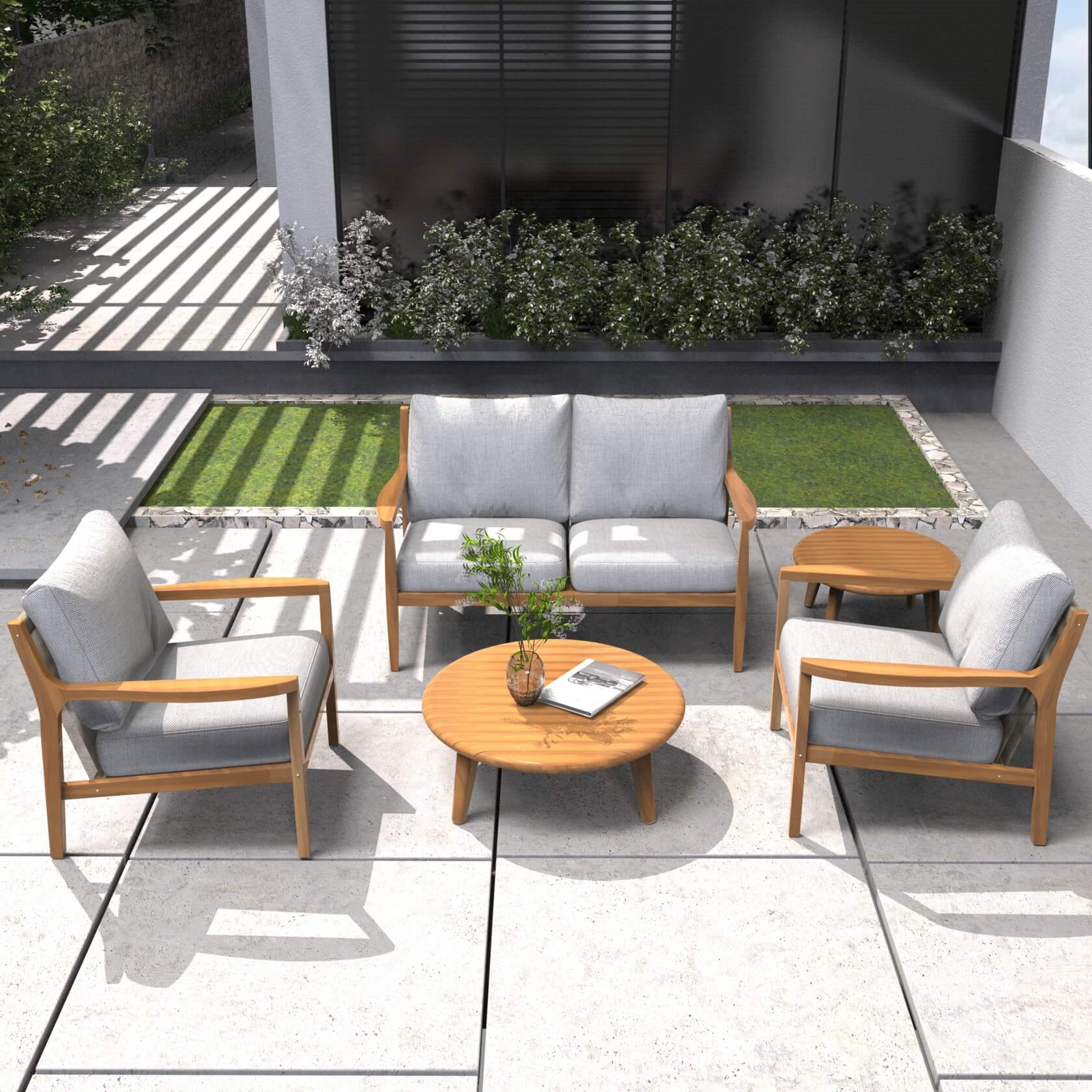 Rebel 4-Seat Wood Patio Conversation Set with Footstool (PAS-2513-2SC+SC*2+TA+ST)