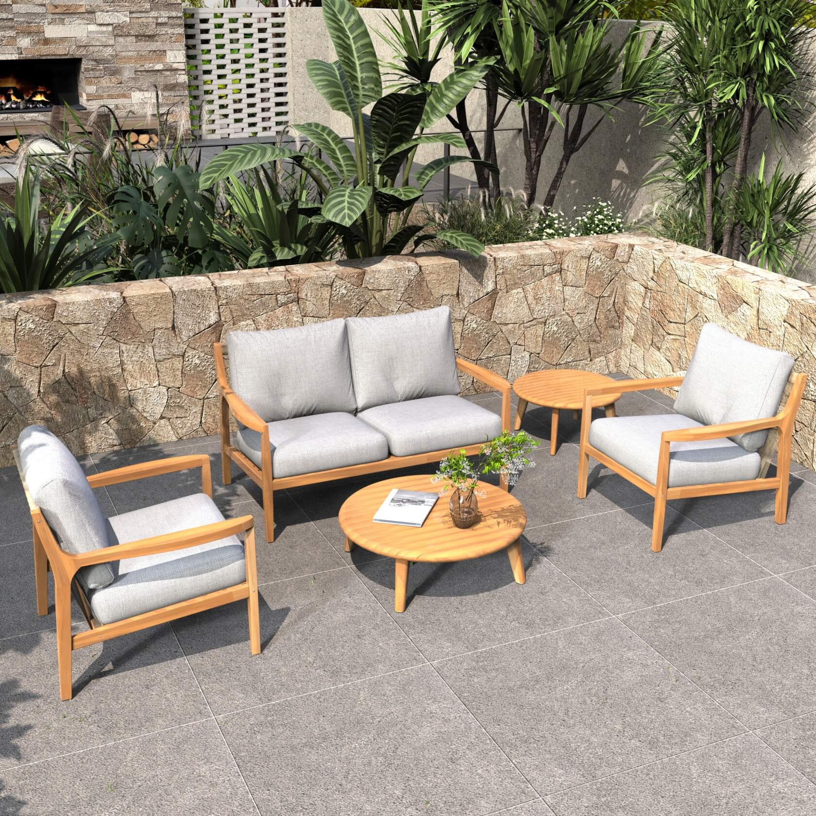 Rebel 4-Seat Wood Patio Conversation Set with Footstool (PAS-2513-2SC+SC*2+TA+ST)
