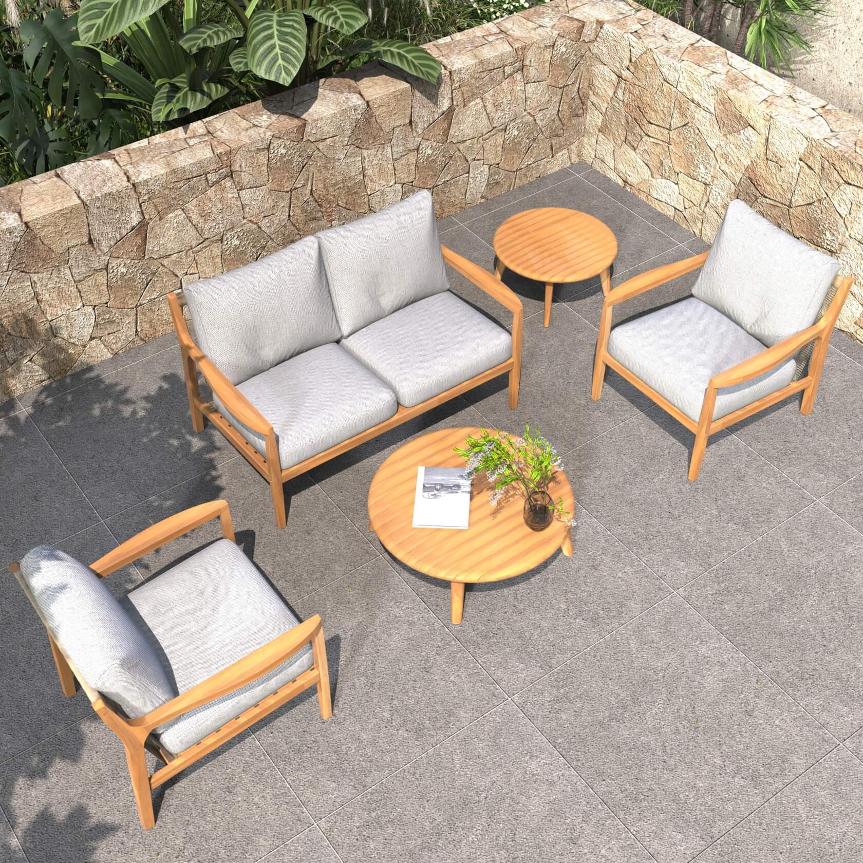 Rebel 4-Seat Wood Patio Conversation Set with Footstool (PAS-2513-2SC+SC*2+TA+ST)