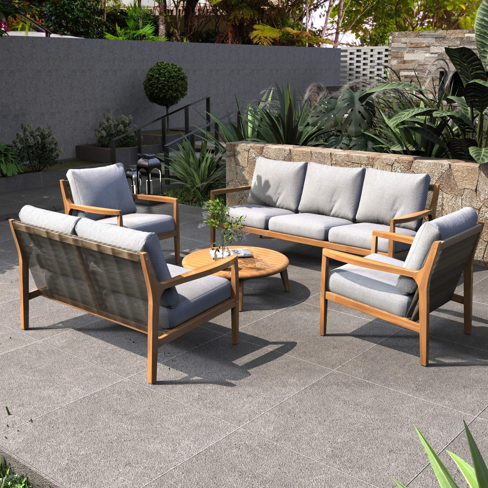 Rebel 7-Seat Wood Patio Conversation Set (PAS-2513-3SC+2SC+SC*2+TA)