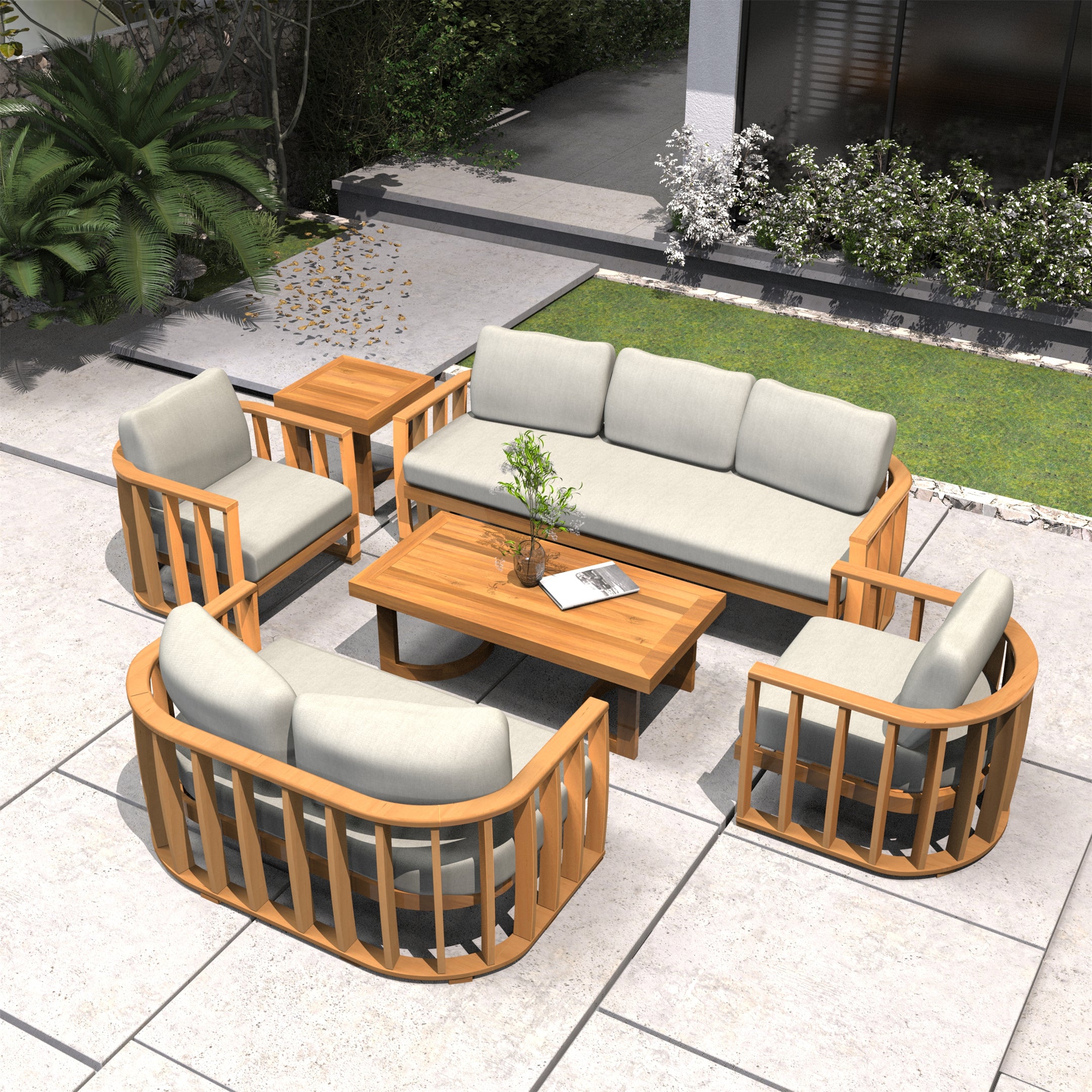 Rebel 5-Seat Wood Patio Conversation Set with Footstool (PAS-2521-3SC+2SC+SC*2+TA+ST)