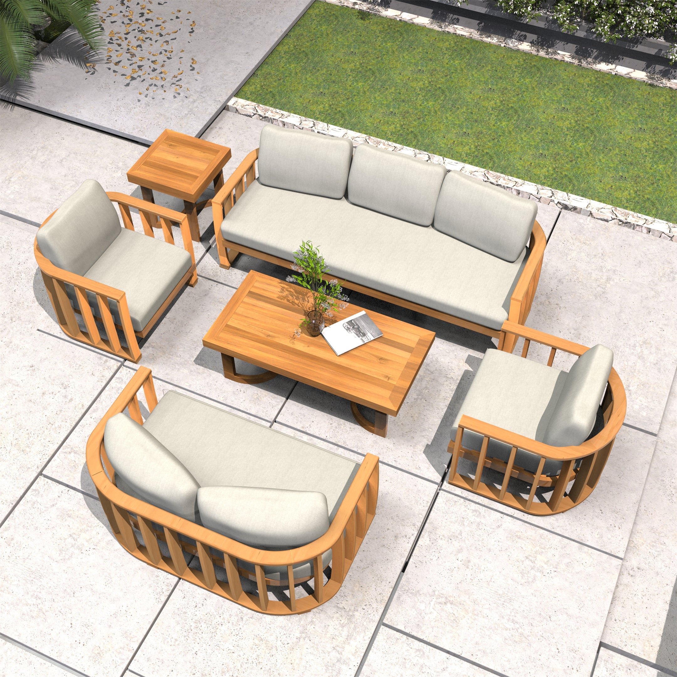 Rebel 5-Seat Wood Patio Conversation Set with Footstool (PAS-2521-3SC+2SC+SC*2+TA+ST)