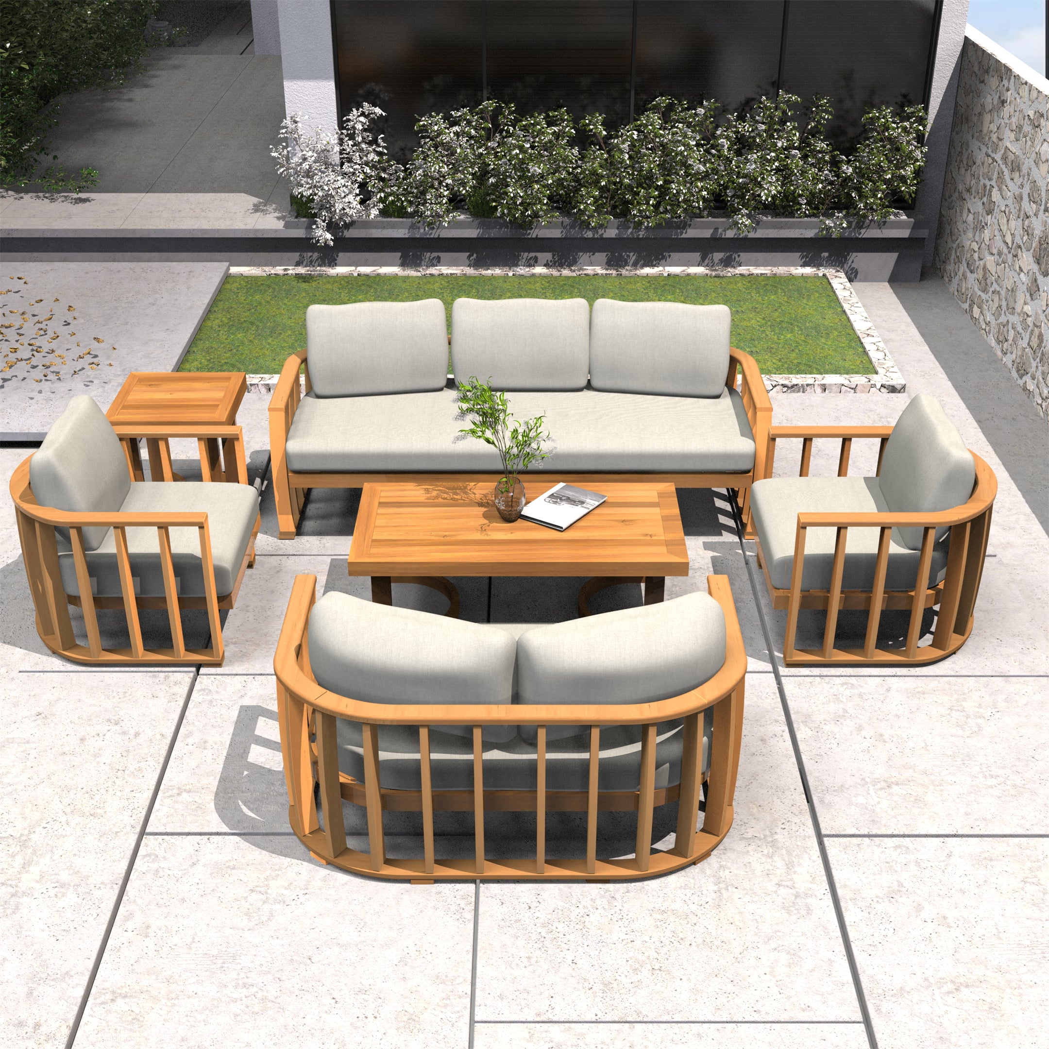 Rebel 5-Seat Wood Patio Conversation Set with Footstool (PAS-2521-3SC+2SC+SC*2+TA+ST)