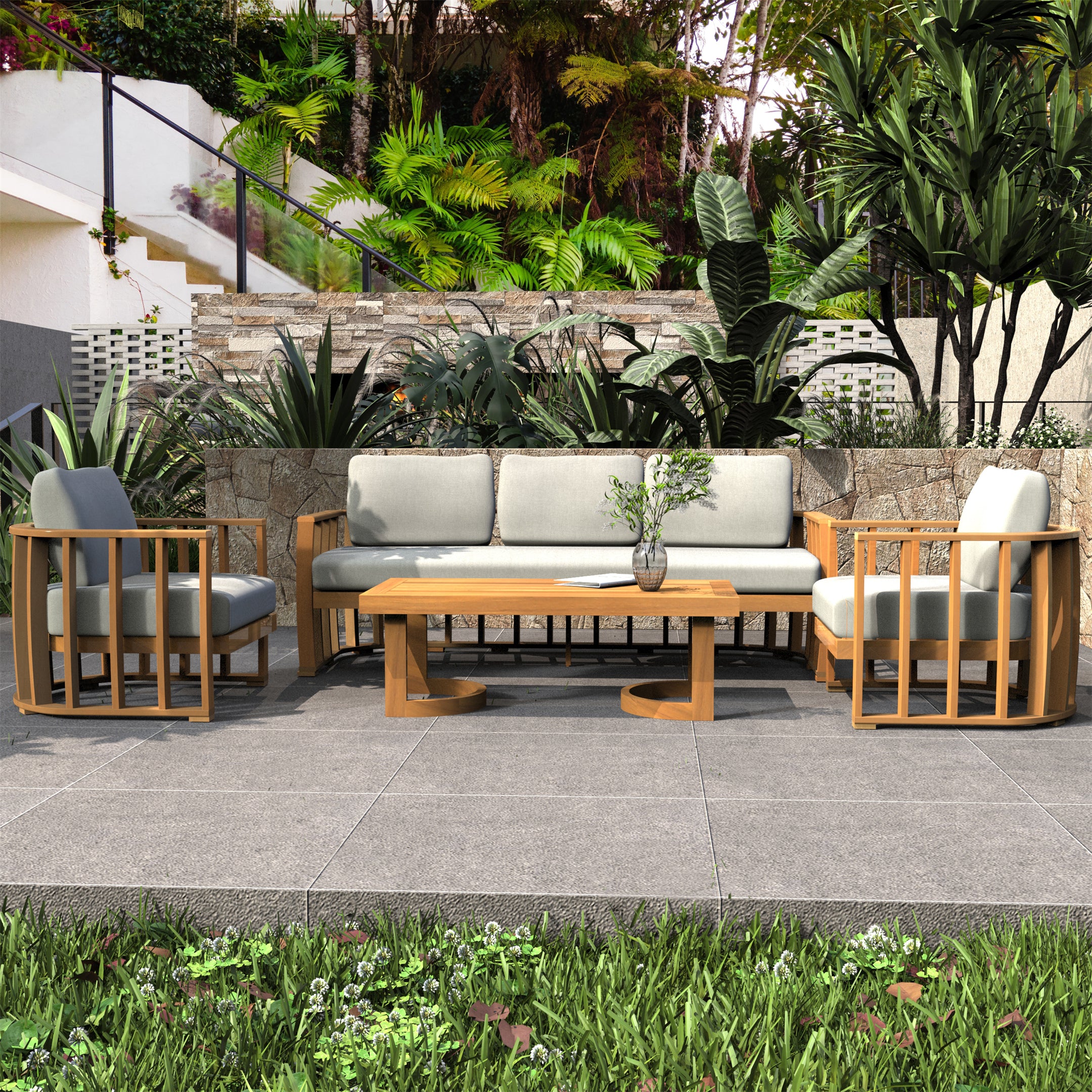 Rebel 5-Seat Wood Patio Conversation Set (PAS-2521-3SC+SC*2+TA)