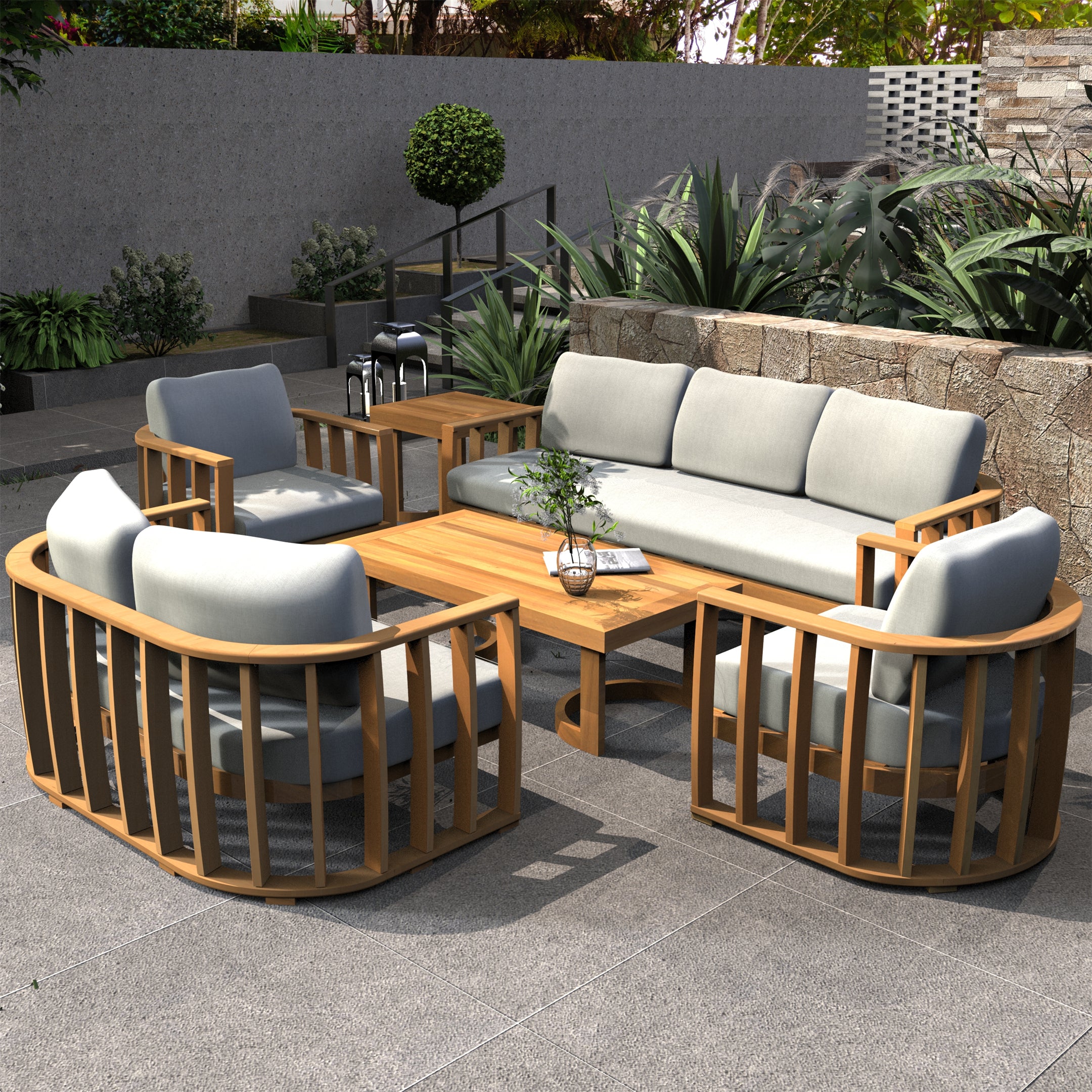 Rebel 5-Seat Wood Patio Conversation Set with Footstool (PAS-2521-3SC+2SC+SC*2+TA+ST)