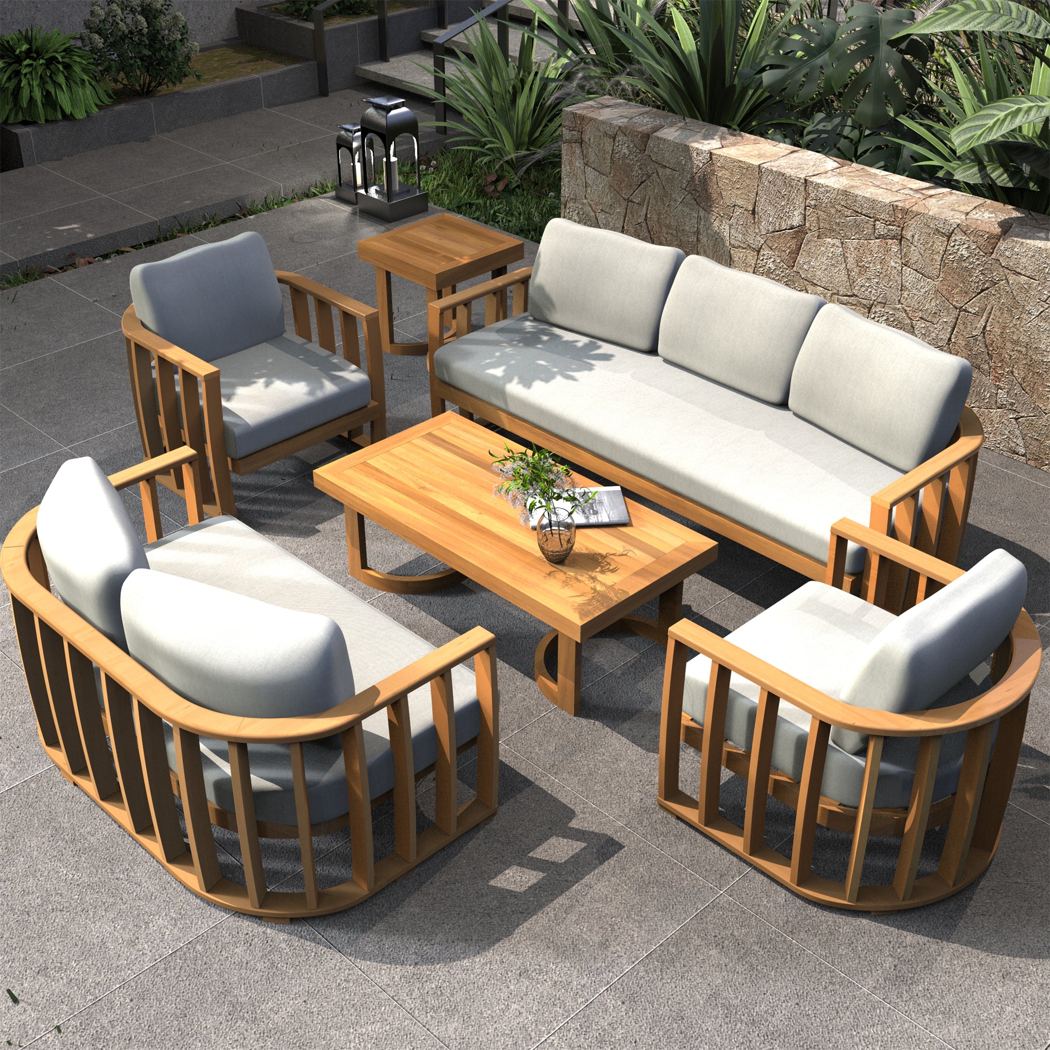 Rebel 5-Seat Wood Patio Conversation Set with Footstool (PAS-2521-3SC+2SC+SC*2+TA+ST)