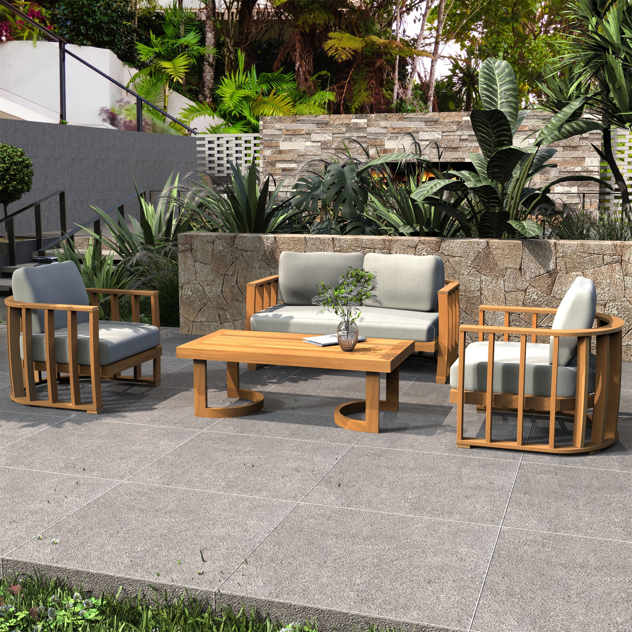 Rebel 4-Seat Wood Patio Conversation Set (PAS-2521-2SC+SC*2+TA)